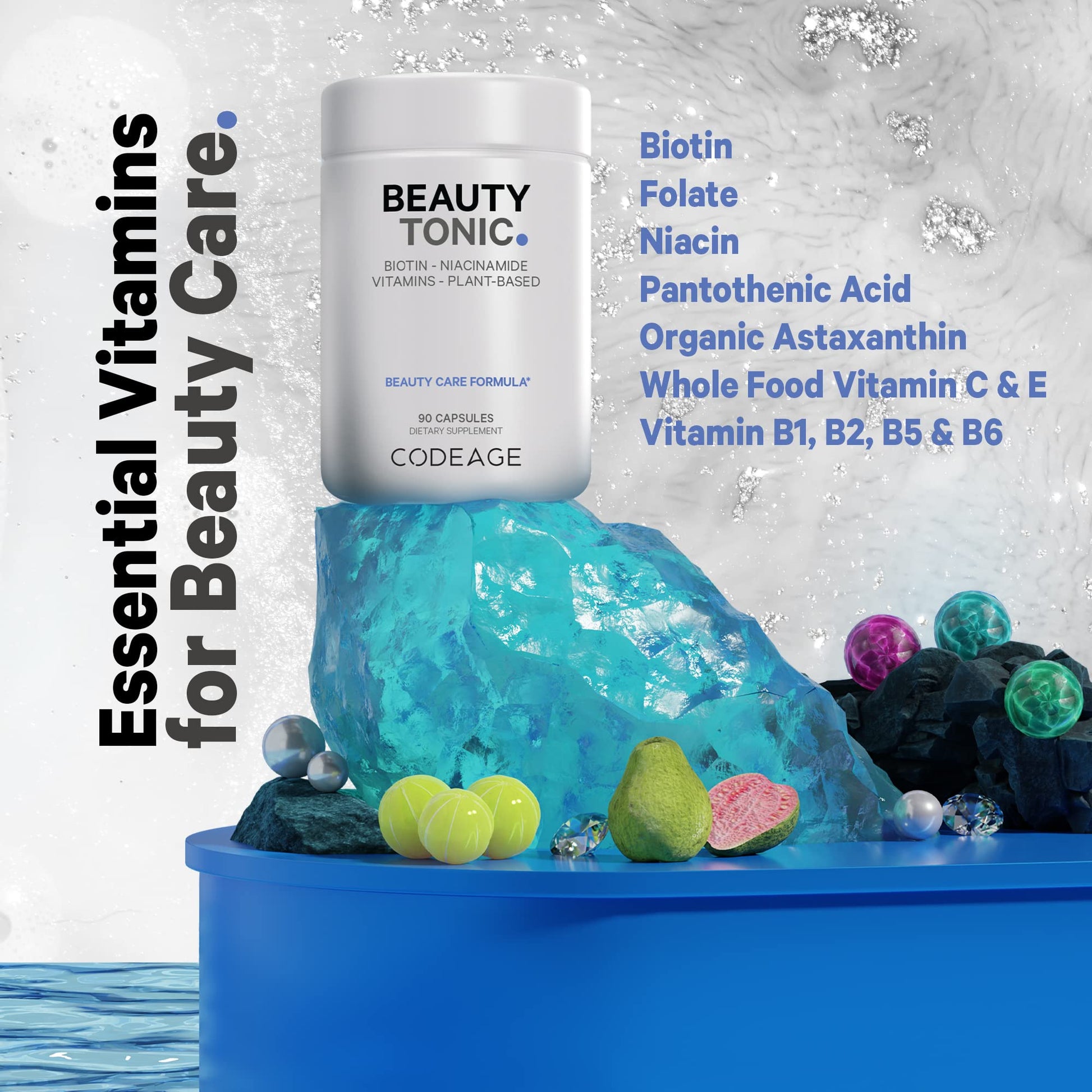 Codeage Biotin Supplement with Vitamin C, Vitamin E, Vitamin B6, Niacin, Folate, Organic Food Blend, Phytoceramides, Astaxanthin, Selenium - Beauty Tonic - Hair, Skin, and Nail Support - Vegan, 90 Ct CodeageAu supplements