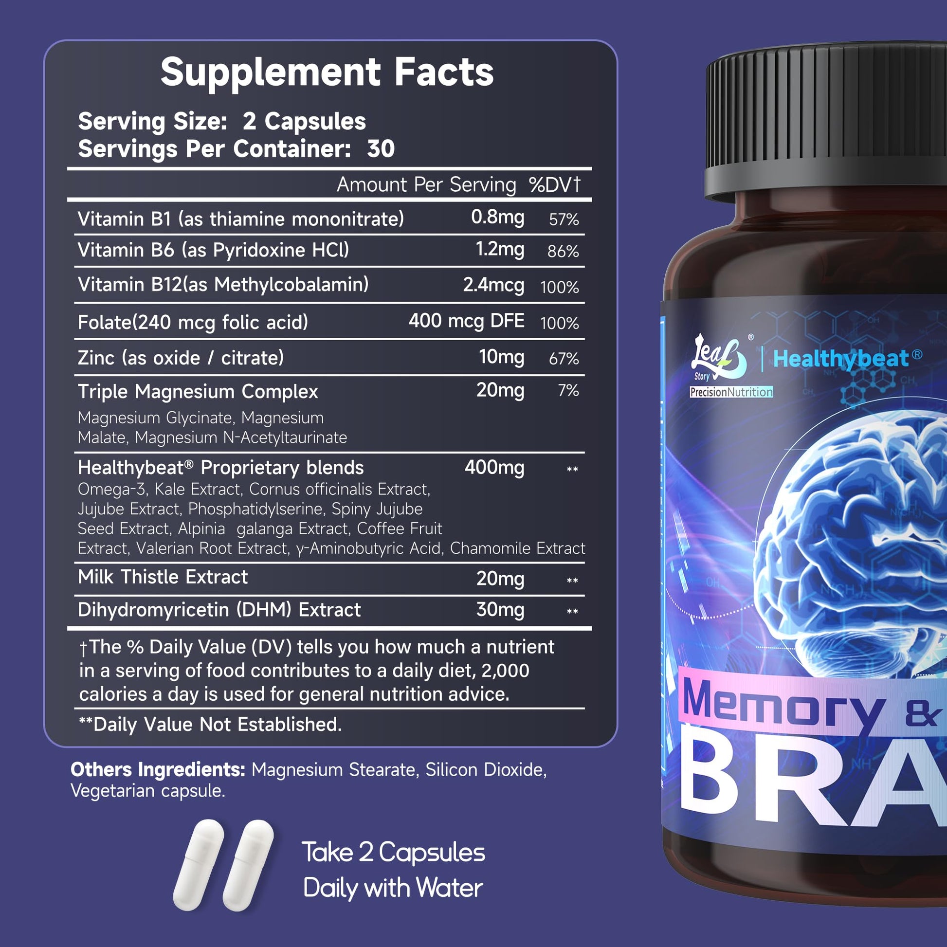 LeafStory Nootropic Brain Supplements for Memory and Focus, Cognitive Function for Mental Health & Clarity, Vitamin B6 B12, Folate & Dihydromyricetin, 60 Capsules LeafStoryAu supplements
