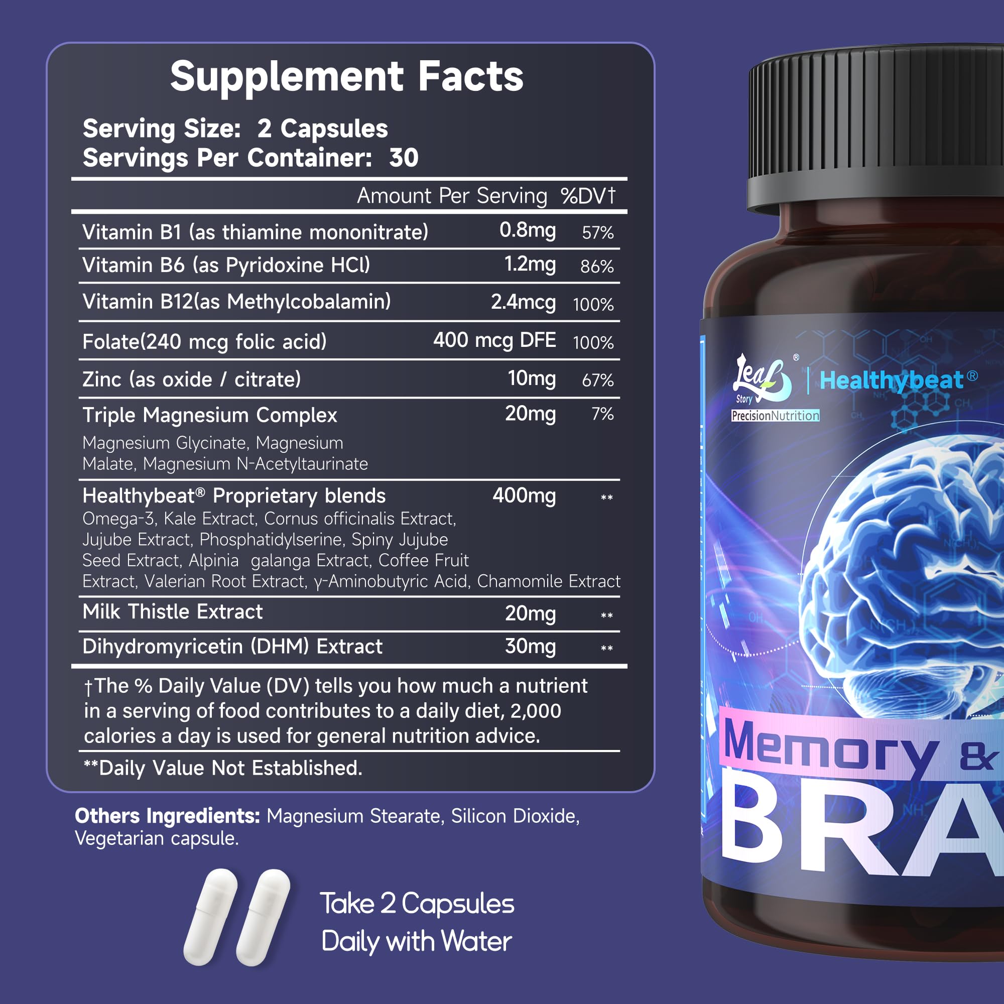 LeafStory Nootropic Brain Supplements for Memory and Focus, Cognitive Function for Mental Health & Clarity, Vitamin B6 B12, Folate & Dihydromyricetin, 60 Capsules LeafStoryAu supplements