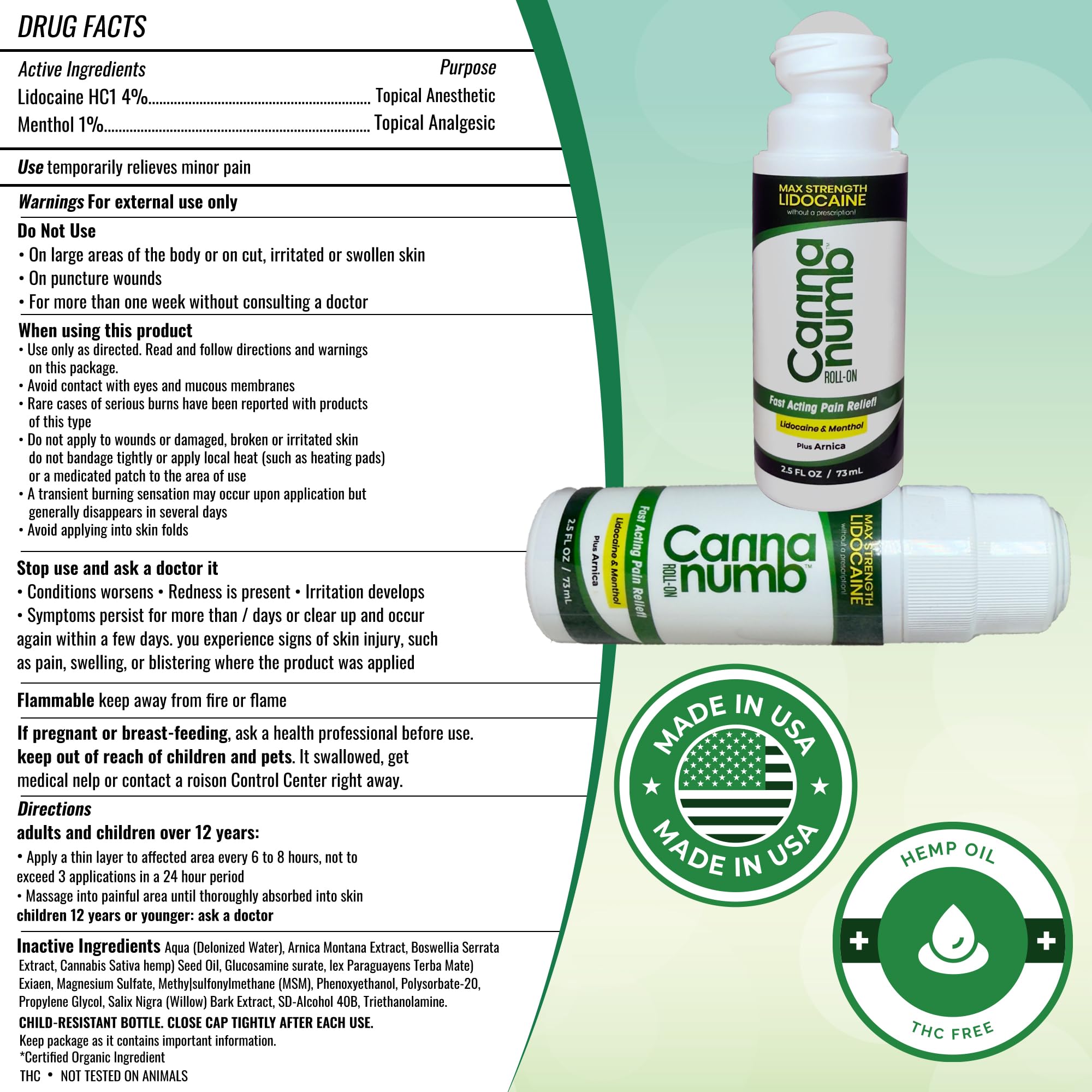 Cannanumb Pain Relief Roll On with Lidocaine, Fast Acting Pain Relief with Arnica + Boswellia + Menthol - 2.5oz CannanumbAu supplements