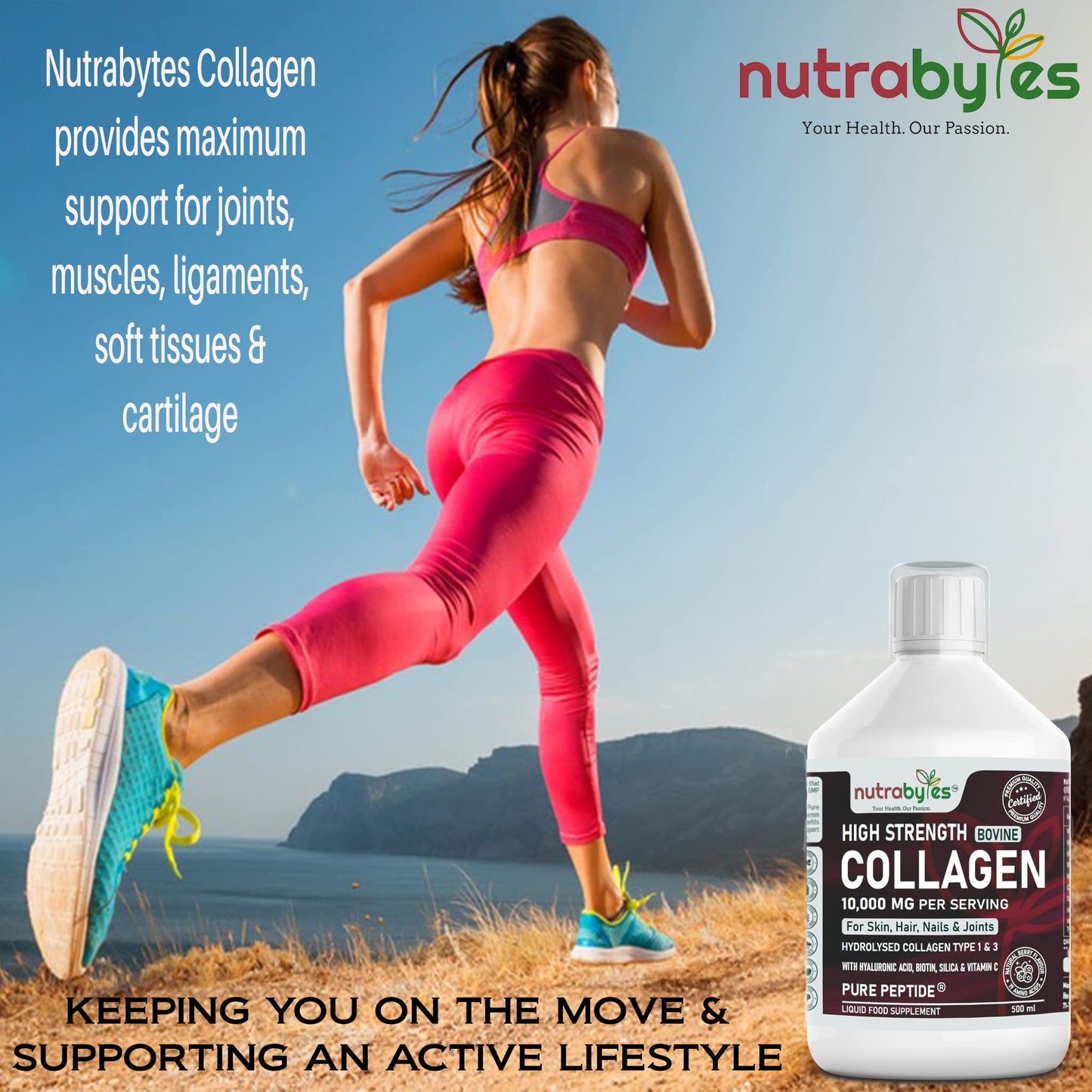 Collagen Liquid 10000mg, Hydrolysed Peptides | Hyaluronic Acid, Biotin, Silica, Vitamin C, Vitamin B12 NUTRABYTESUS supplements