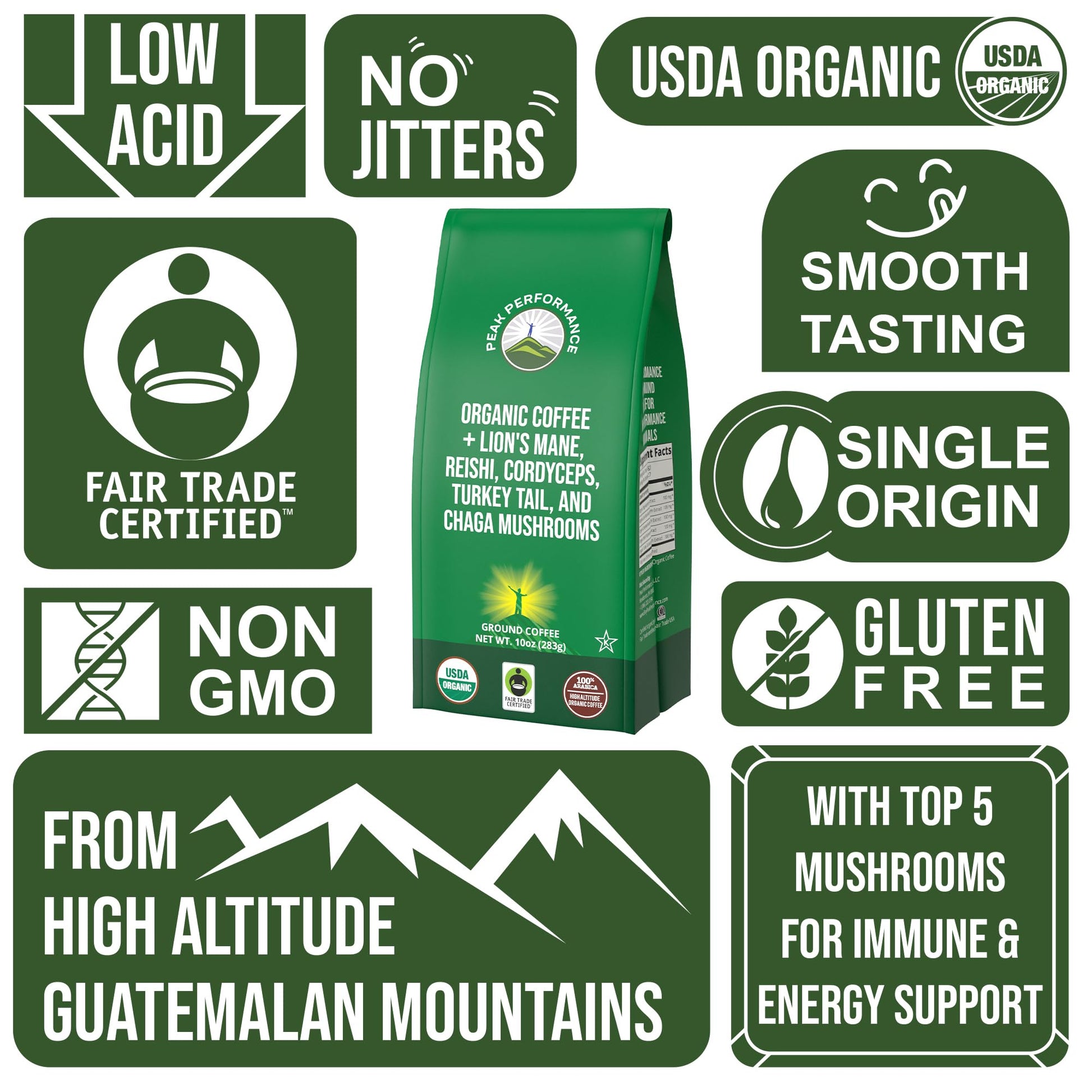 Organic Low Acid Mushroom Coffee with Lion's Mane, Reishi, Cordyceps, Turkey Tail, and Chaga Mushrooms - Great Tasting Premium High Altitude Medium Roast Ground Bags 10 oz by Peak Performance Peak PerformanceAu supplements
