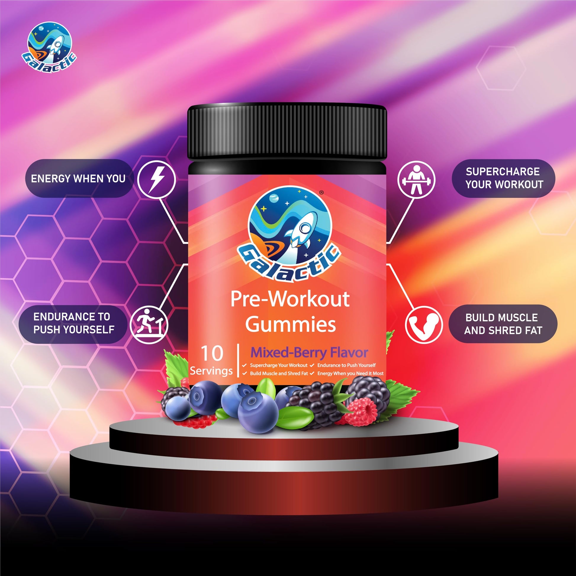 Galactic Pre-Workout Gummies, All Natural, 250mg Caffeine, Beta-Alanine, L-Citrulline GalacticAu supplements