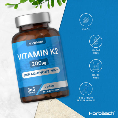 Vitamin K2 MK7 200ug | 365 Vegan Tablets | High Strength Menaquinone MK-7 HorbäachUS supplements