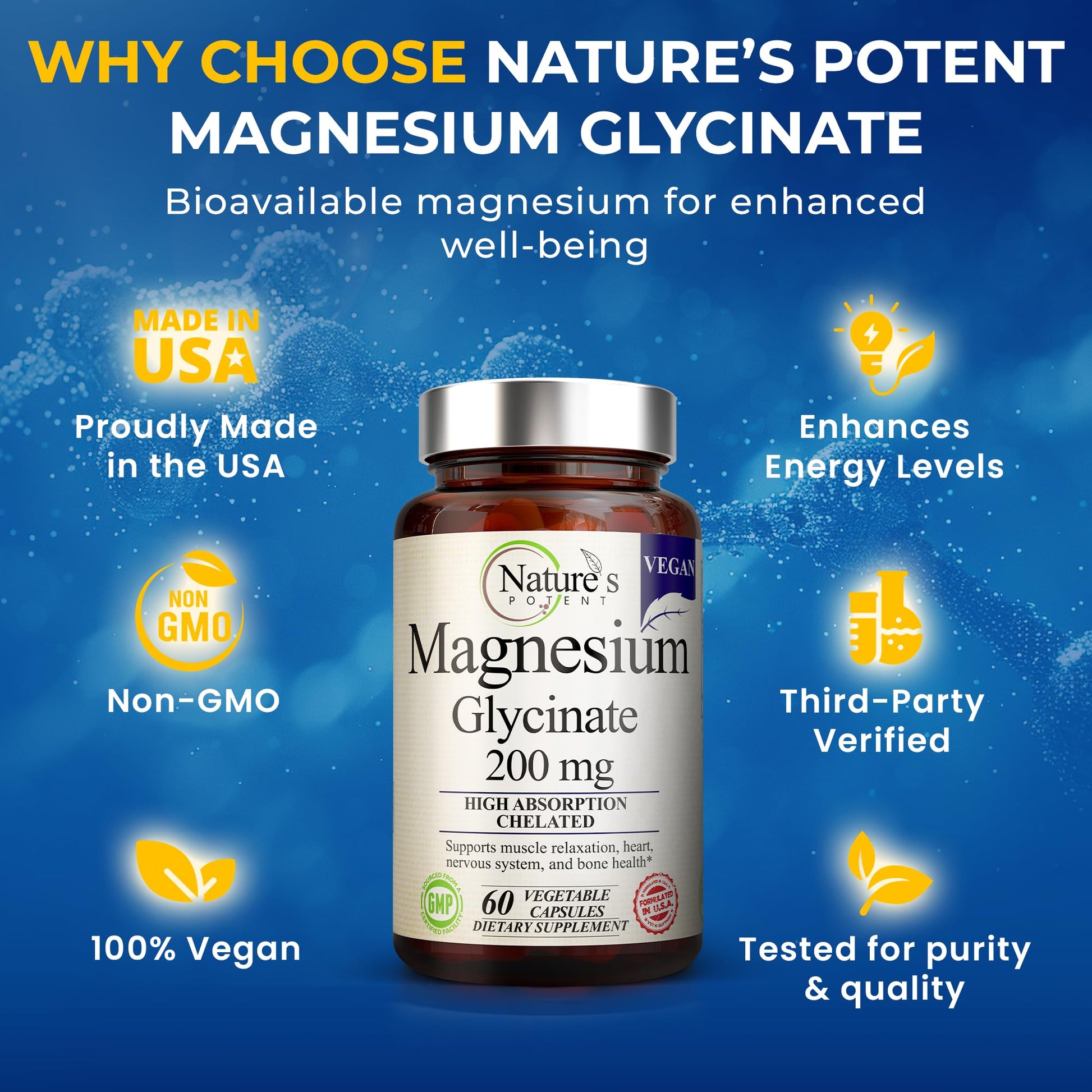Nature’s Potent Magnesium Glycinate 200mg | High Absorption Chelated Magnesium | Sleep, Calm & Muscle Cramp Support | Vegan Supplement | 60 Capsules Nature's PotentAu supplements