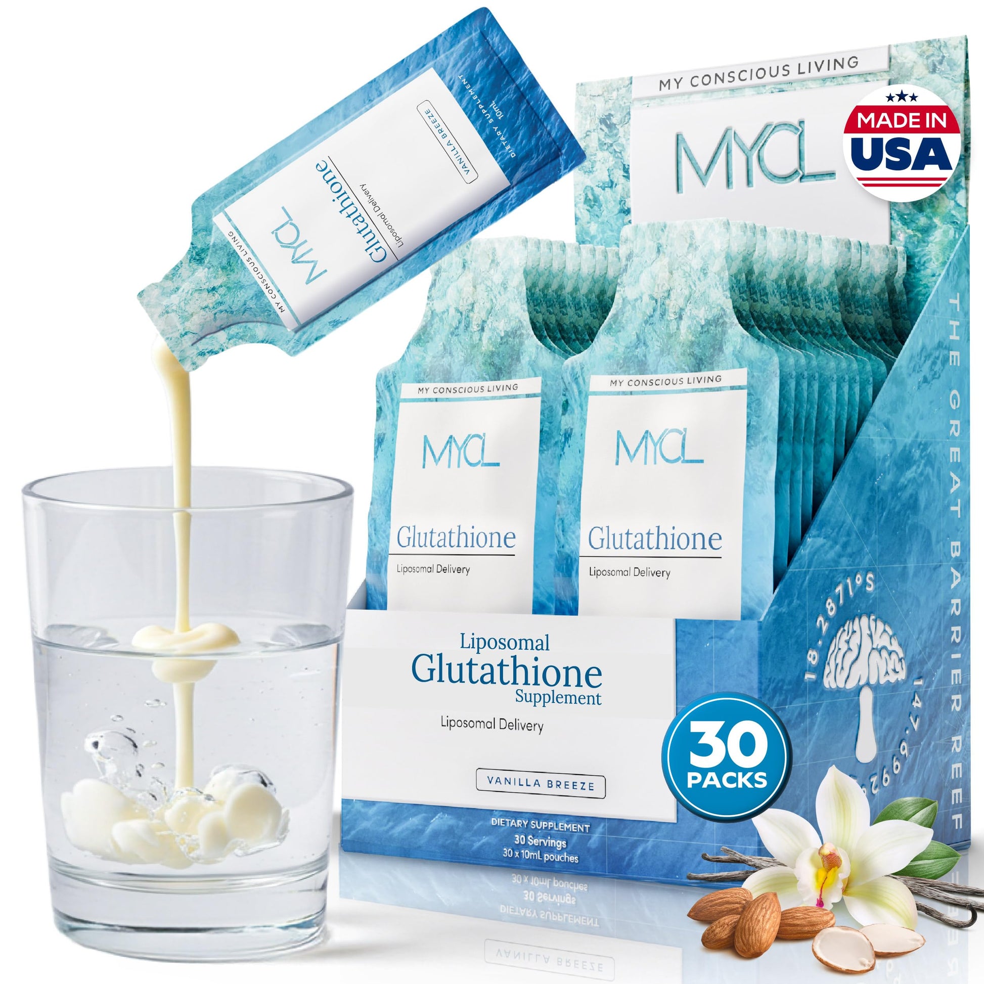 MYCL Liposomal Glutathione Supplement Squeeze Packs – Vitamin E and MCT Oil – Skin, Hair and Nail Health– High Absorption - Vanilla Almond – 30 Single-Serve Packets MYCLAu supplements