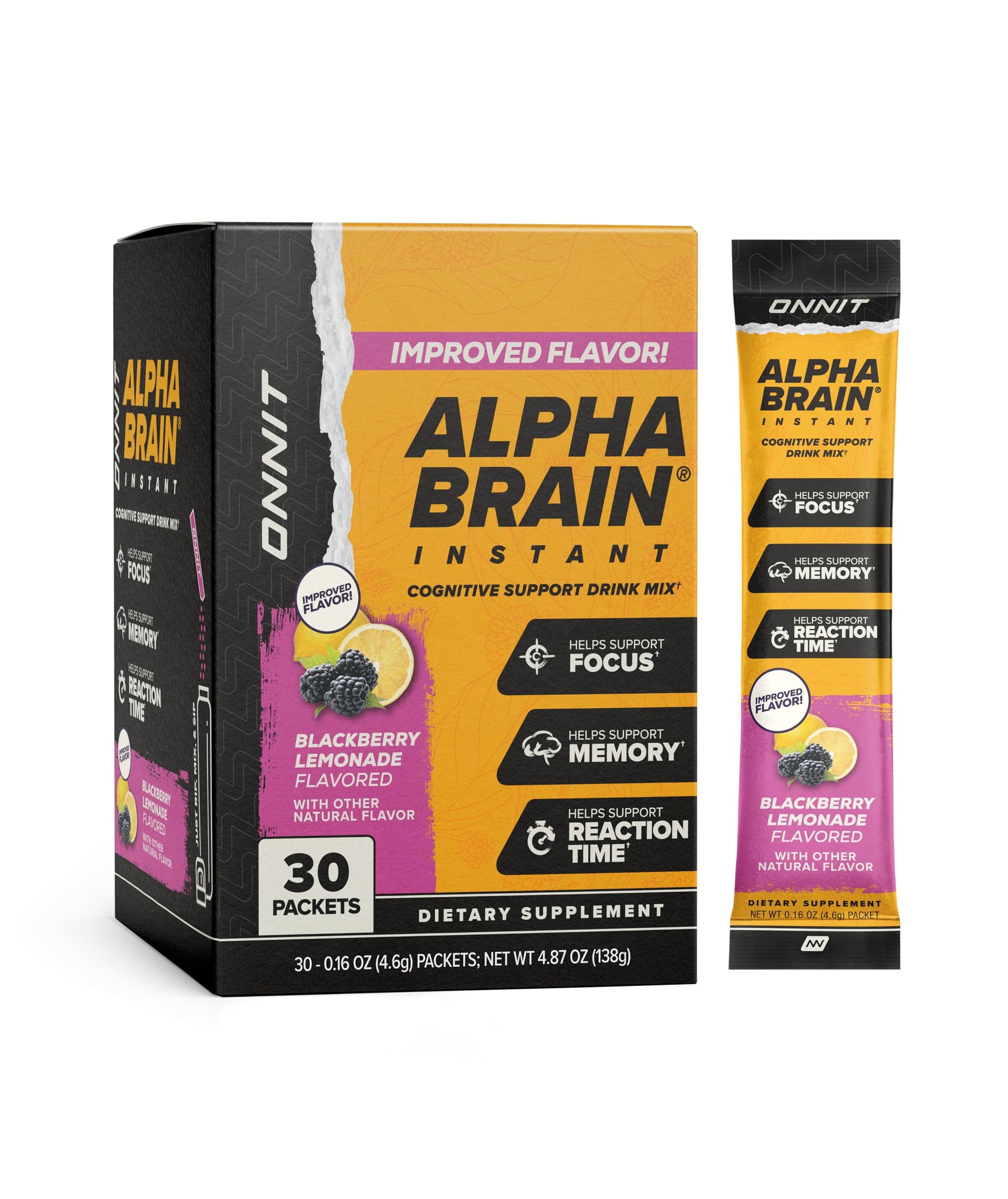 ONNIT Alpha Brain Instant Cognitive Support Drink Mix, BlackBerry Lemonade Flavor, Nootropic Supplement for Focus, Memory, and Clarity, 0.13 oz Packets, 30 Count ONNITAu supplements