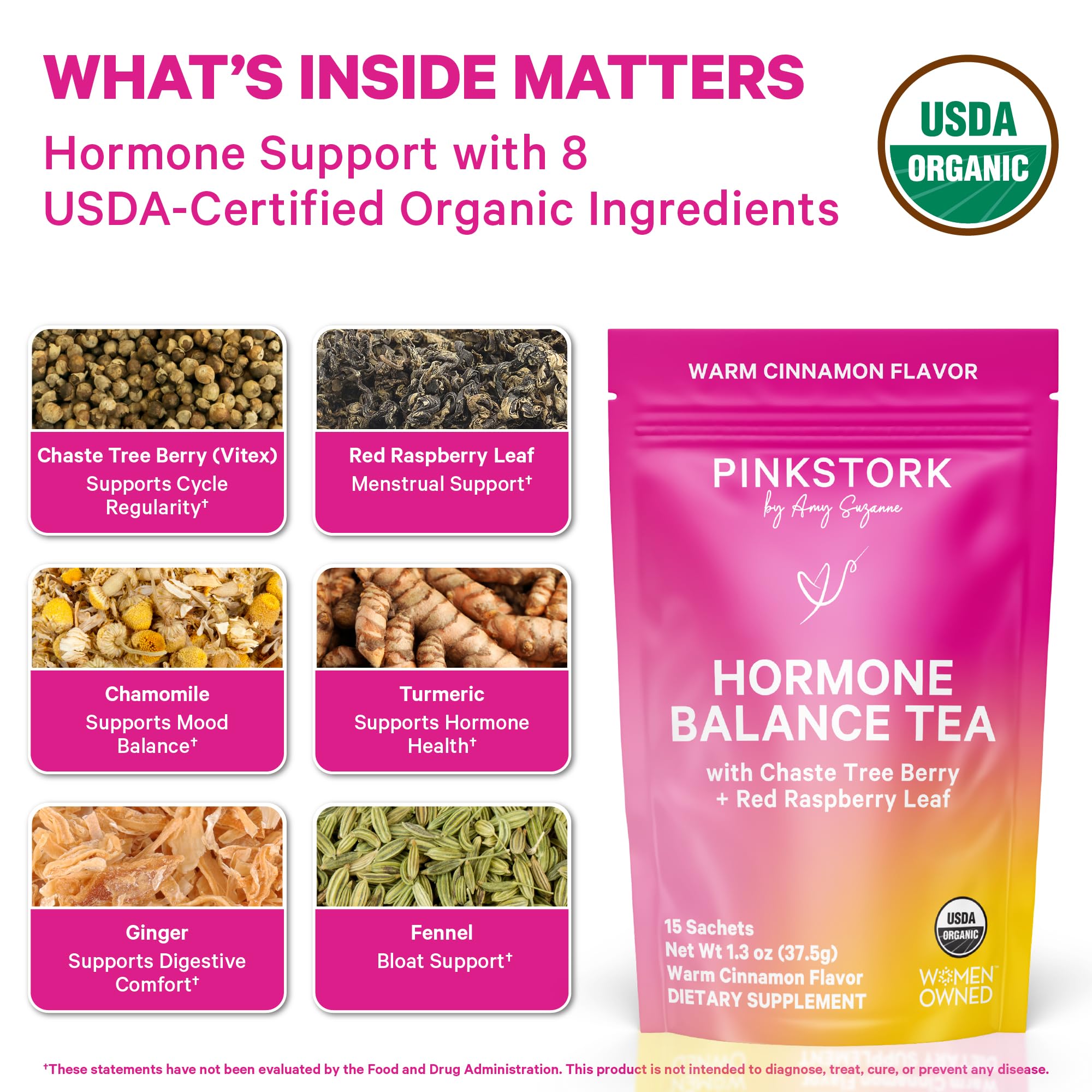 Pink Stork Hormone Balance Tea for Women – Red Raspberry Leaf & Chasteberry (Vitex) – Organic Herbal Tea for PMS, Menstrual Cycle & Perimenopause Support – Caffeine-Free Cinnamon Blend – 30 Cups Pink StorkAu supplements