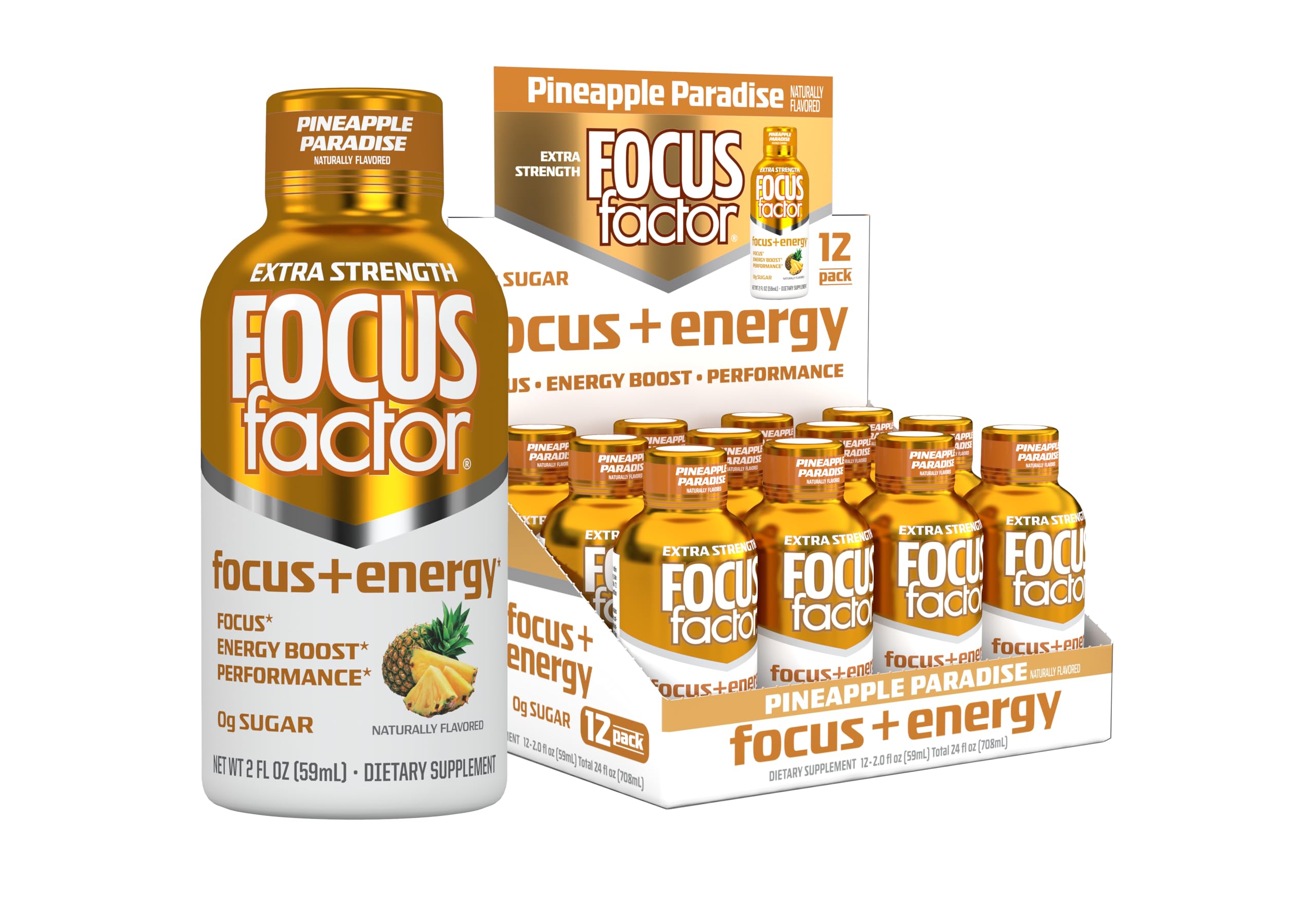 Focus Factor Extra Strength Focus + Energy Shots - 12 x 2oz Bottles (Pineapple Paradise Flavor) - Powered by Nootropics with Caffeine, L-Theanine, Ginkgo, Bacopa, L-Tyrosine, Alpha GPC Focus FactorAu supplements