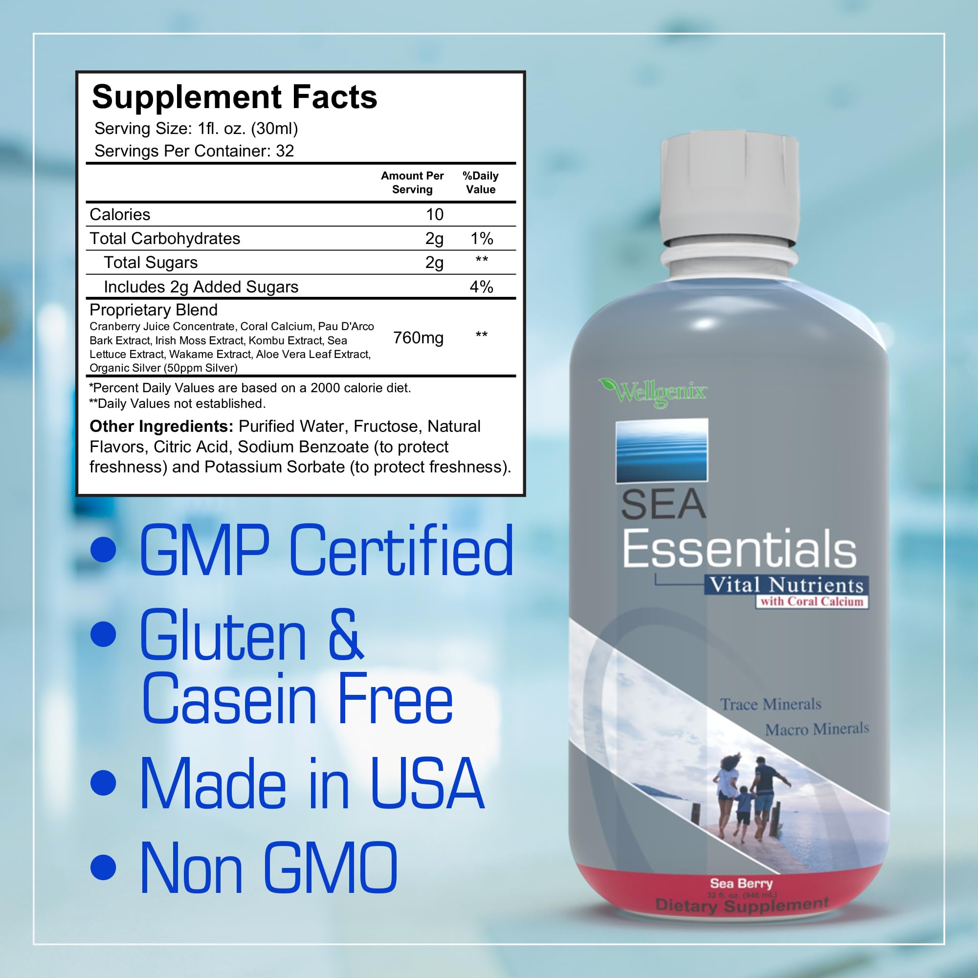 Wellgenix Sea Essentials Liquid Mineral Dietary Supplement with Trace and Macro Minerals and Coral Calcium – Sea Berry Flavor – 32 fl oz WellgenixAu supplements