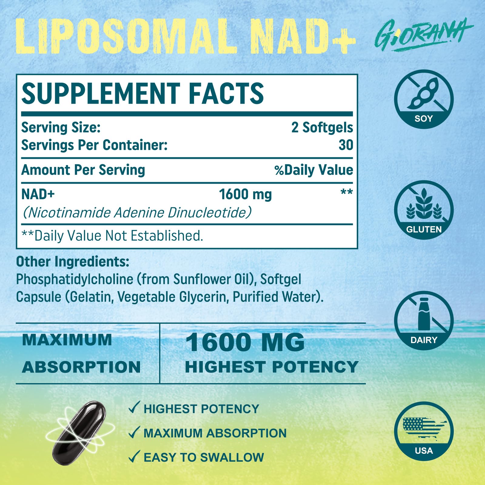 GIORANA 1600 MG Liposomal NAD+ Supplement, NAD+ Boosting Supplement, Superior Absorption, Vitamin B3 for Aging Defense, Longevity, Energy, Repair, Non-GMO, 60 Softgels GIORANAAu supplements