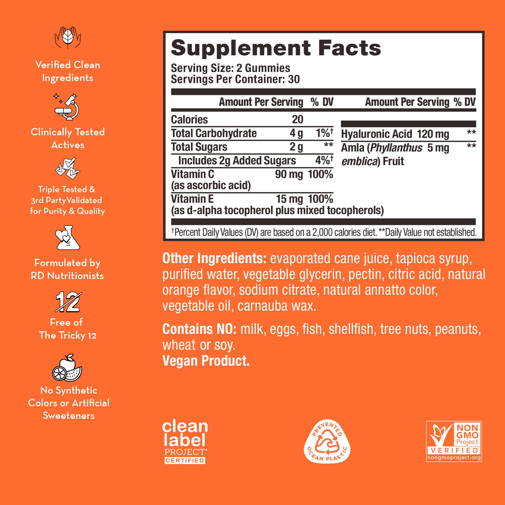 HUM Hyaluronic Glow Hydrating Skin Care Supplement, with Low Molecular Hyaluronic Acid, Vitamin C from Amla Fruit, and Vitamin E, Antioxidant Support for Skin Hydration, Tangerine, 60 Vegan Gummies HUMUS supplements