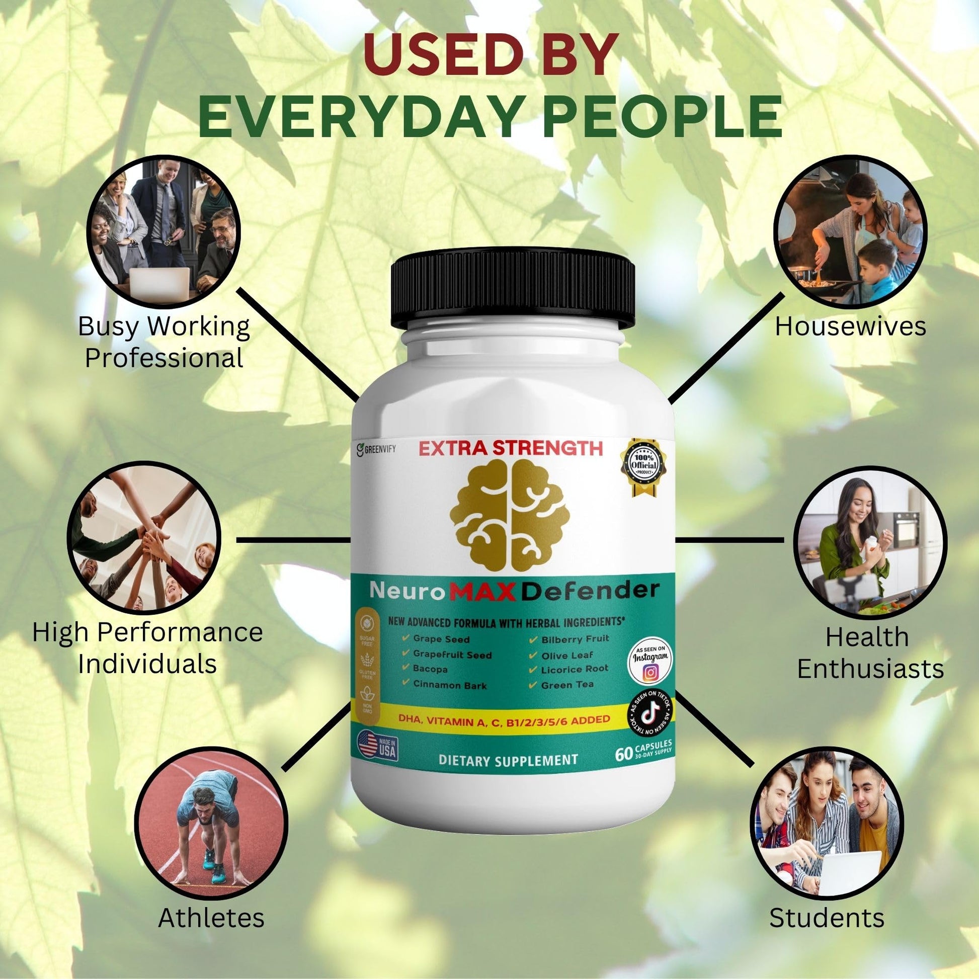 GREENVIFY NeuroMAX Defender Extra Strength Brain Support Supplement with Herbal Blend, 60 Capsules, DHA, B12, Vitamins A C D E, Selenium, 30-Day Supply (1) GREENVIFYAu supplements
