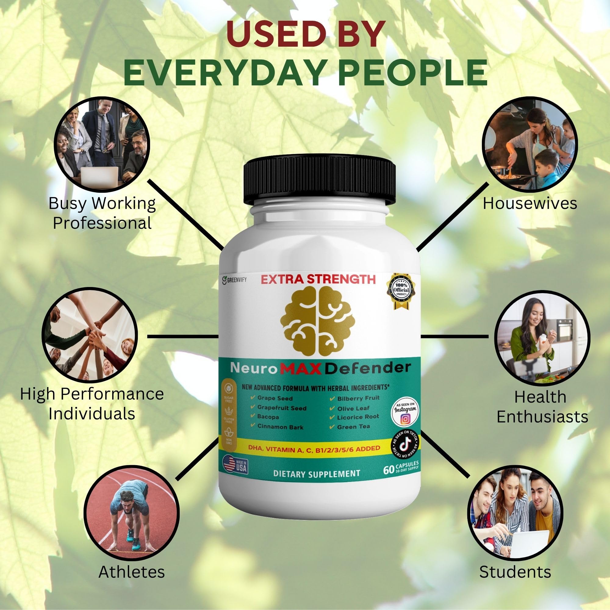 GREENVIFY NeuroMAX Defender Extra Strength Brain Support Supplement with Herbal Blend, 60 Capsules, DHA, B12, Vitamins A C D E, Selenium, 30-Day Supply (1) GREENVIFYAu supplements