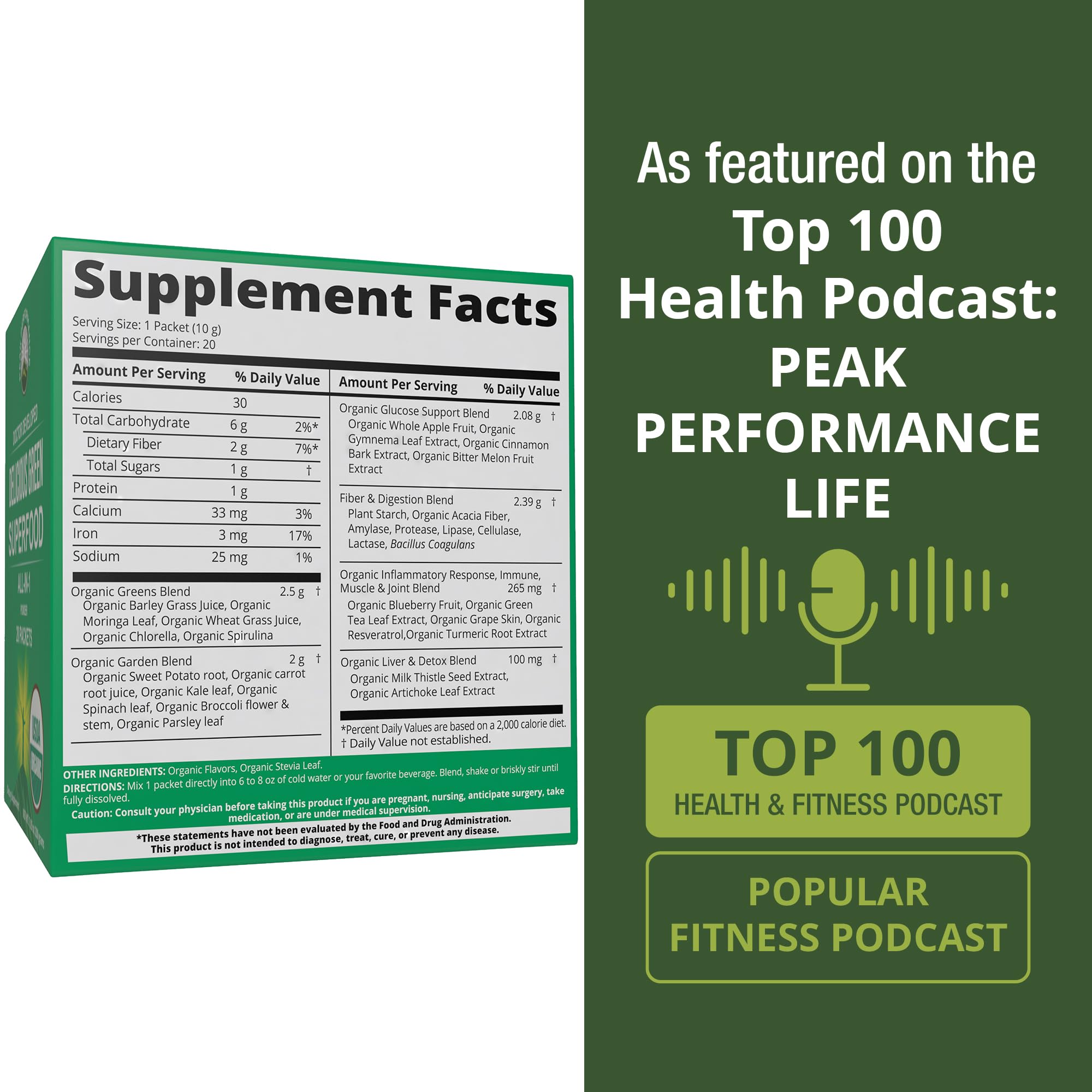 Peak Performance Organic Greens Superfood Powder Single Serve Travel Packets. Best Tasting Organic Green Juice Super Food with 25+ All Natural Ingredients for Max Energy. (20 Pack) Peak PerformanceAu supplements