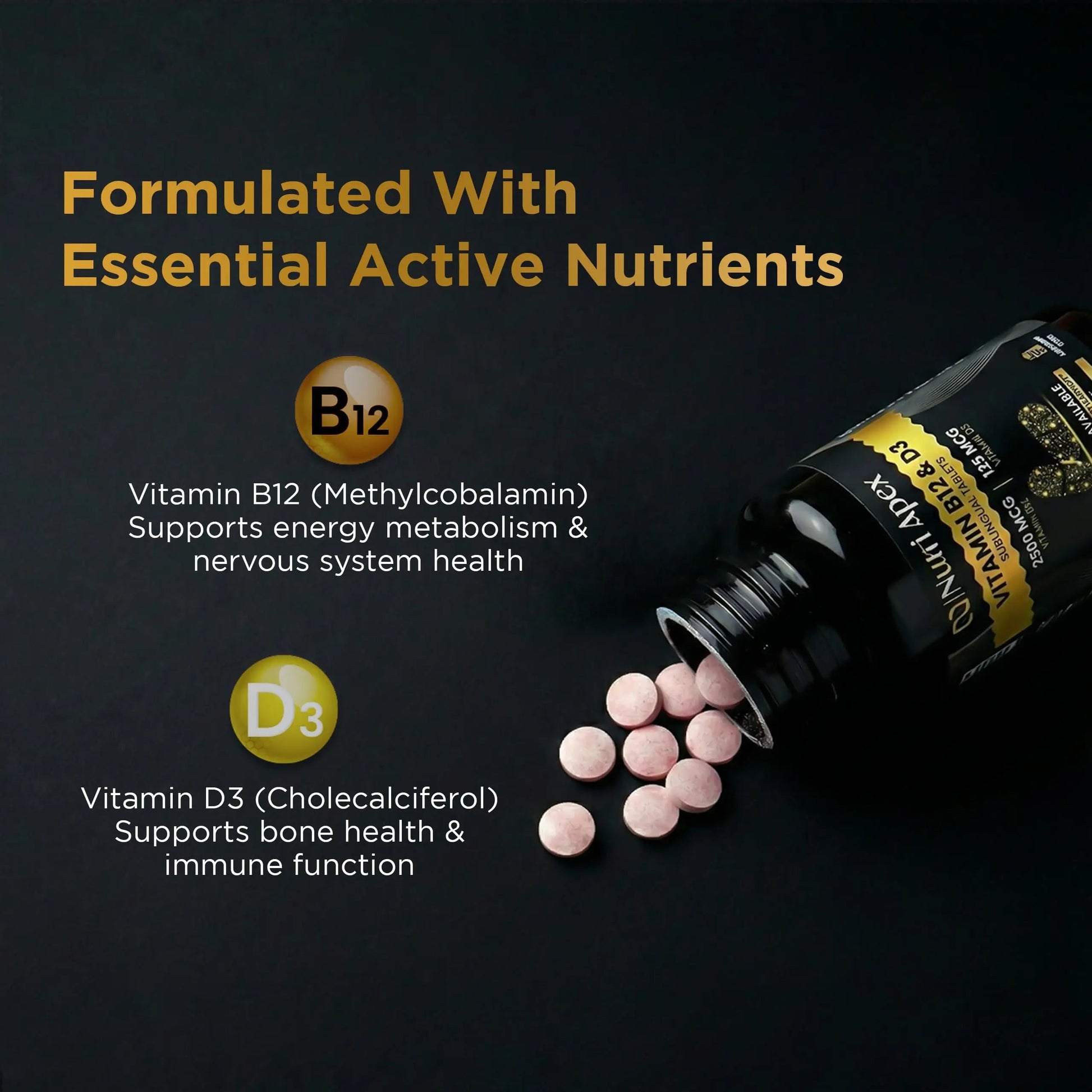 Nutri Apex Vitamin B12 & D3 Sublingual Tablets - 2500 mcg B12 & 125 mcg (5000 IU) D3 - Highly Bioavailable for Energy, Mood & Bone Health - Lab-Tested Nutri ApexAu supplements