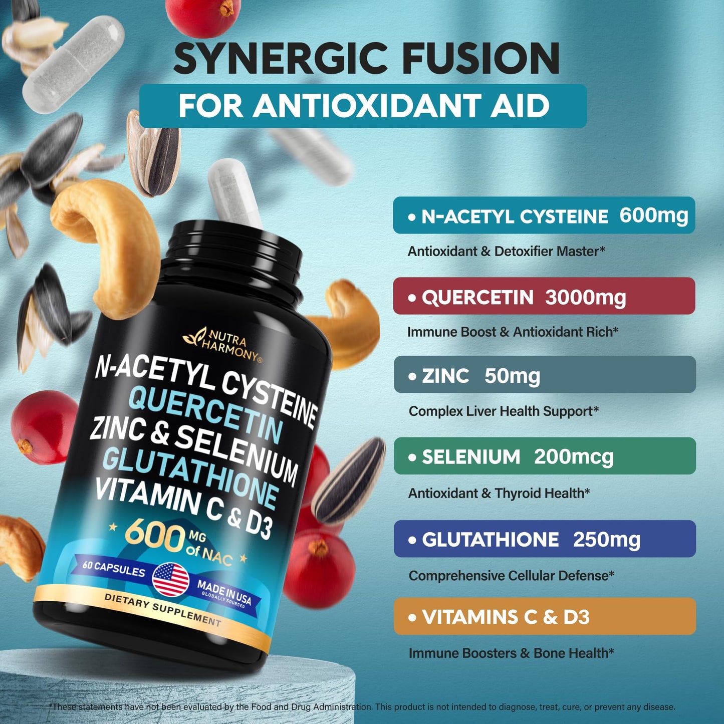 NAC 600 mg Supplement | Quercetin | Zinc | Glutathione | Selenium | Vitamin C & D3 NUTRAHARMONYUS supplements