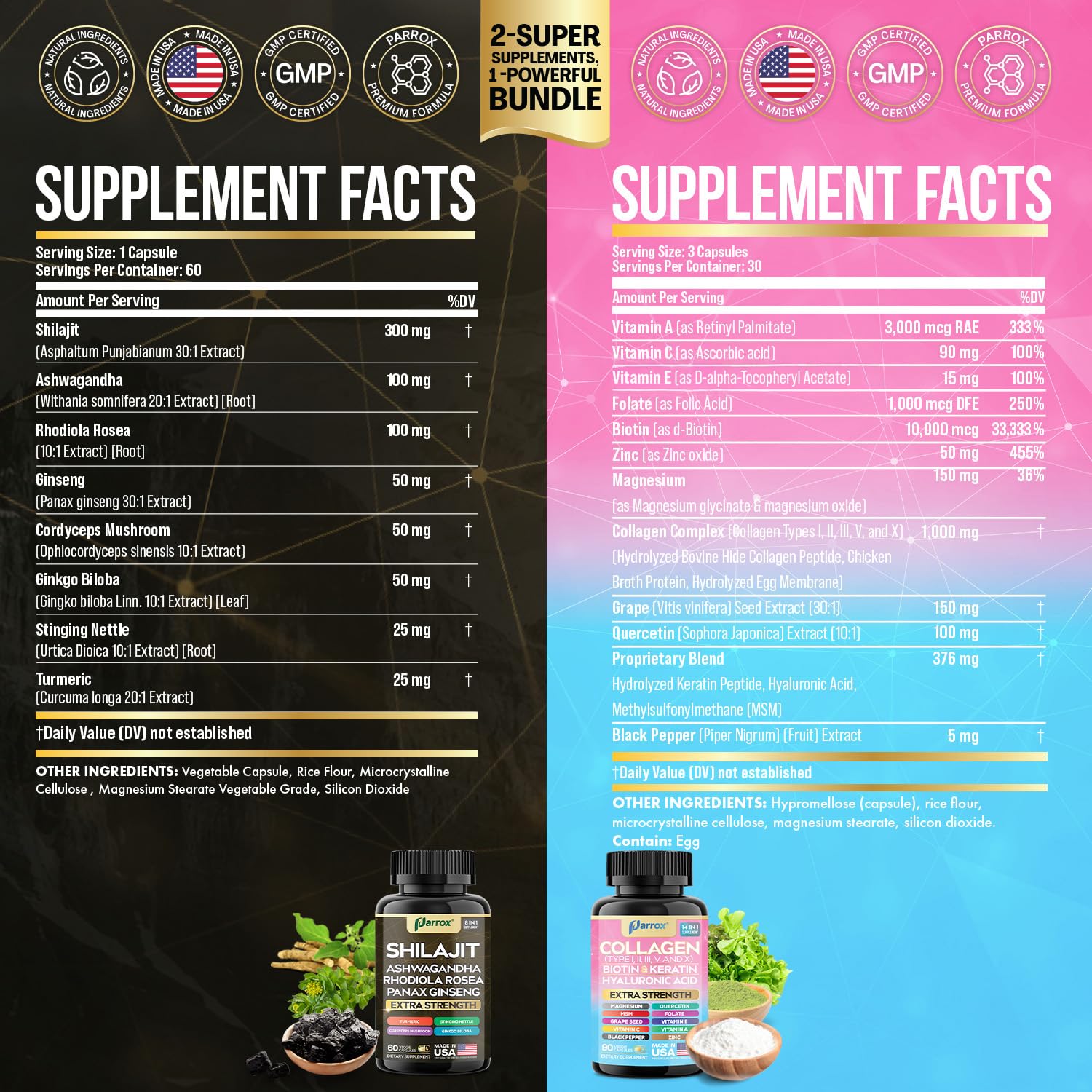 Parrox Adaptogen & Beauty Bundle – Rhodiola, Panax Ginseng, Ashwagandha, Cordyceps, Turmeric, Collagen, Biotin, Keratin, MSM, Hyaluronic Acid, Zinc, Quercetin, Vitamin C, A & E, Folate, Magnesium ParroxAu supplements