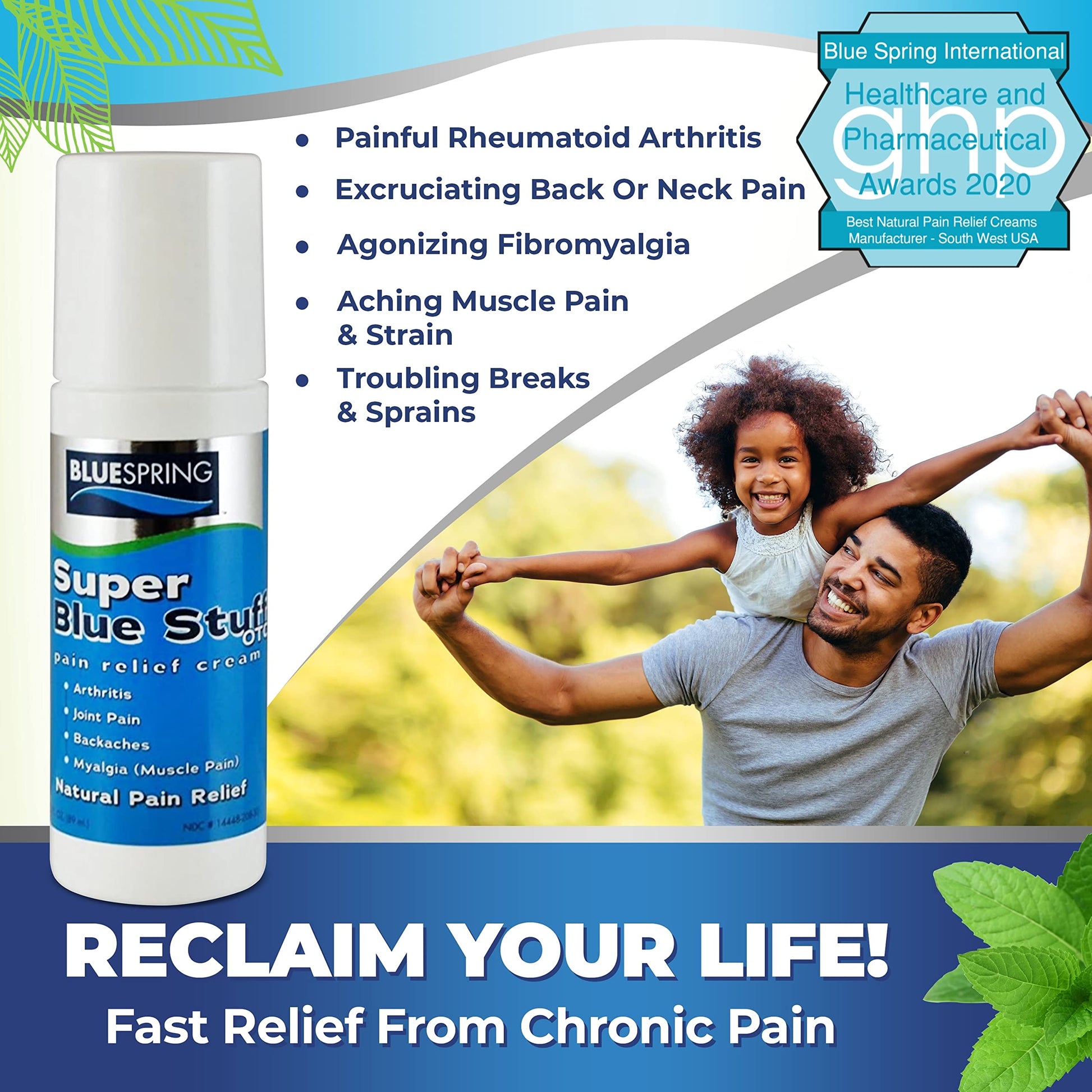 Super Blue Stuff Natural Pain Relief roll on with Emu Oil by BlueSpring- Pain relief rub Anti Inflammatory Analgesic Cream for Back, Knee, Joint, Muscle, Arthritis, and neck Pain Relief- 3 Oz roll-on. Emu TherapyAu supplements