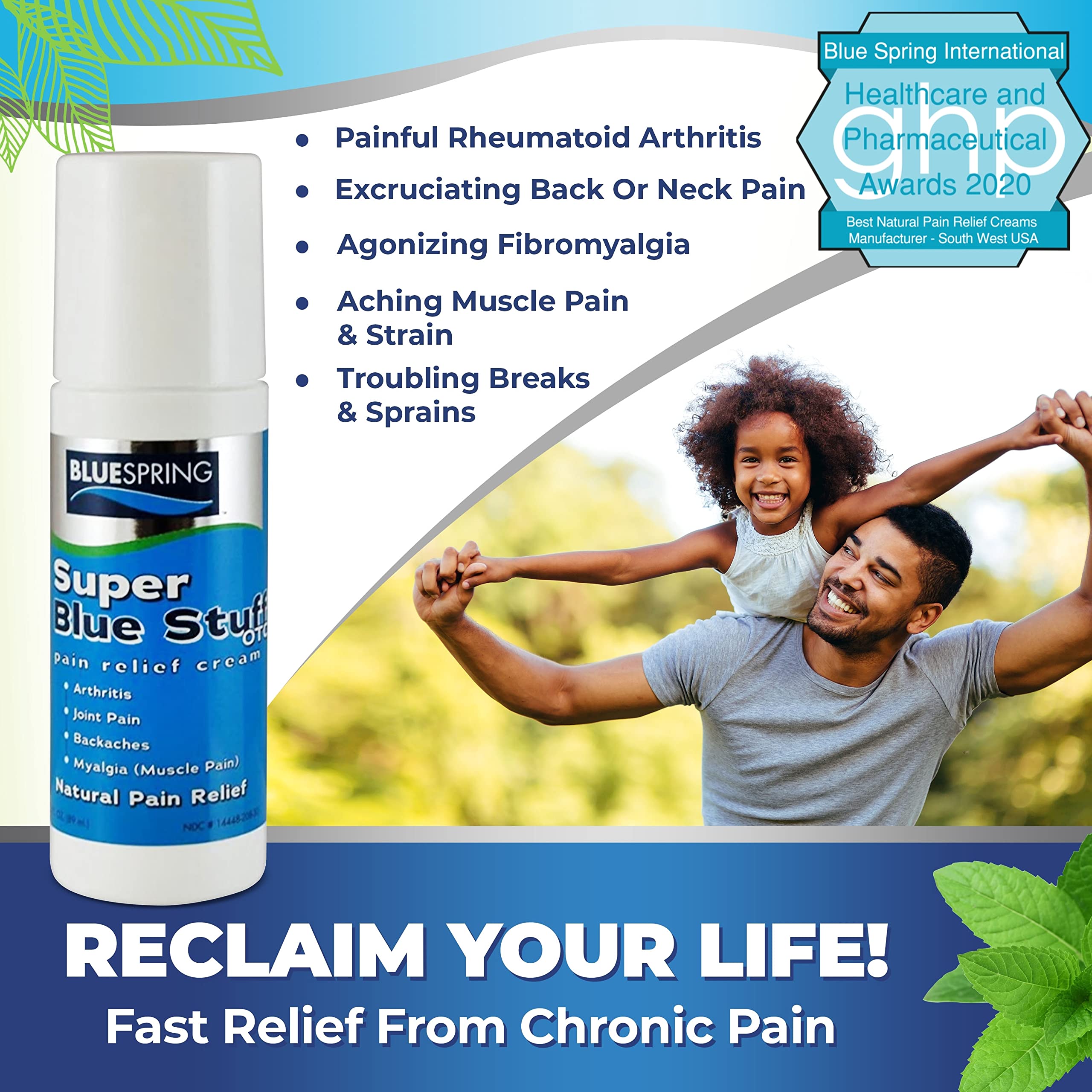 Super Blue Stuff Natural Pain Relief roll on with Emu Oil by BlueSpring- Pain relief rub Anti Inflammatory Analgesic Cream for Back, Knee, Joint, Muscle, Arthritis, and neck Pain Relief- 3 Oz roll-on. Emu TherapyAu supplements