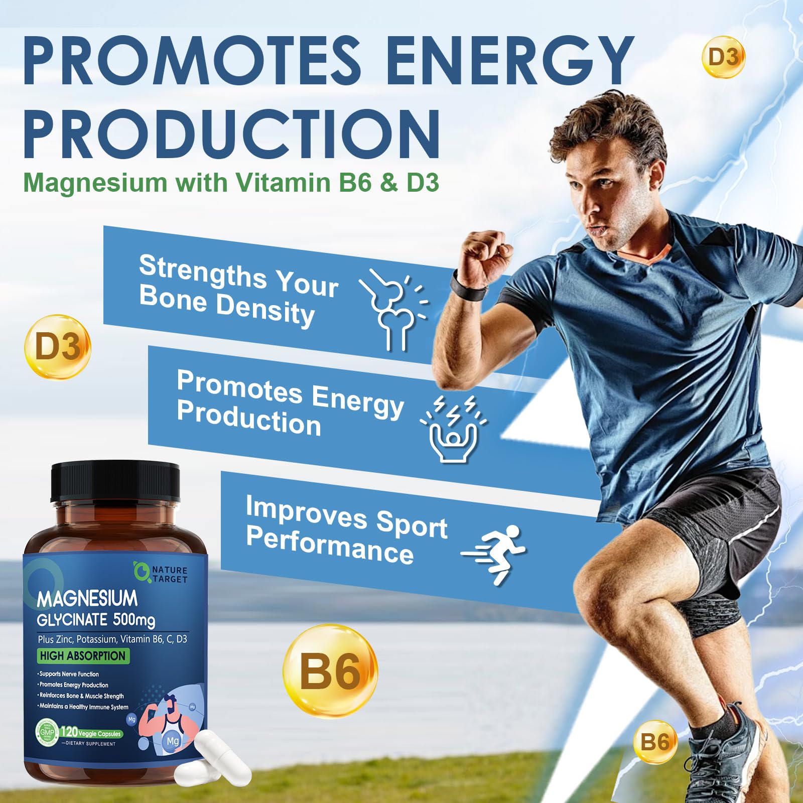 NATURE TARGET Magnesium Glycinate 500mg, Chelated Magnesium with Zinc & Vitamin D3 for Muscle, Nerve & Bone, Support Heart Health & Leg Cramp, Strength Immune System - 120 Capsules NATURE TARGETAu supplements