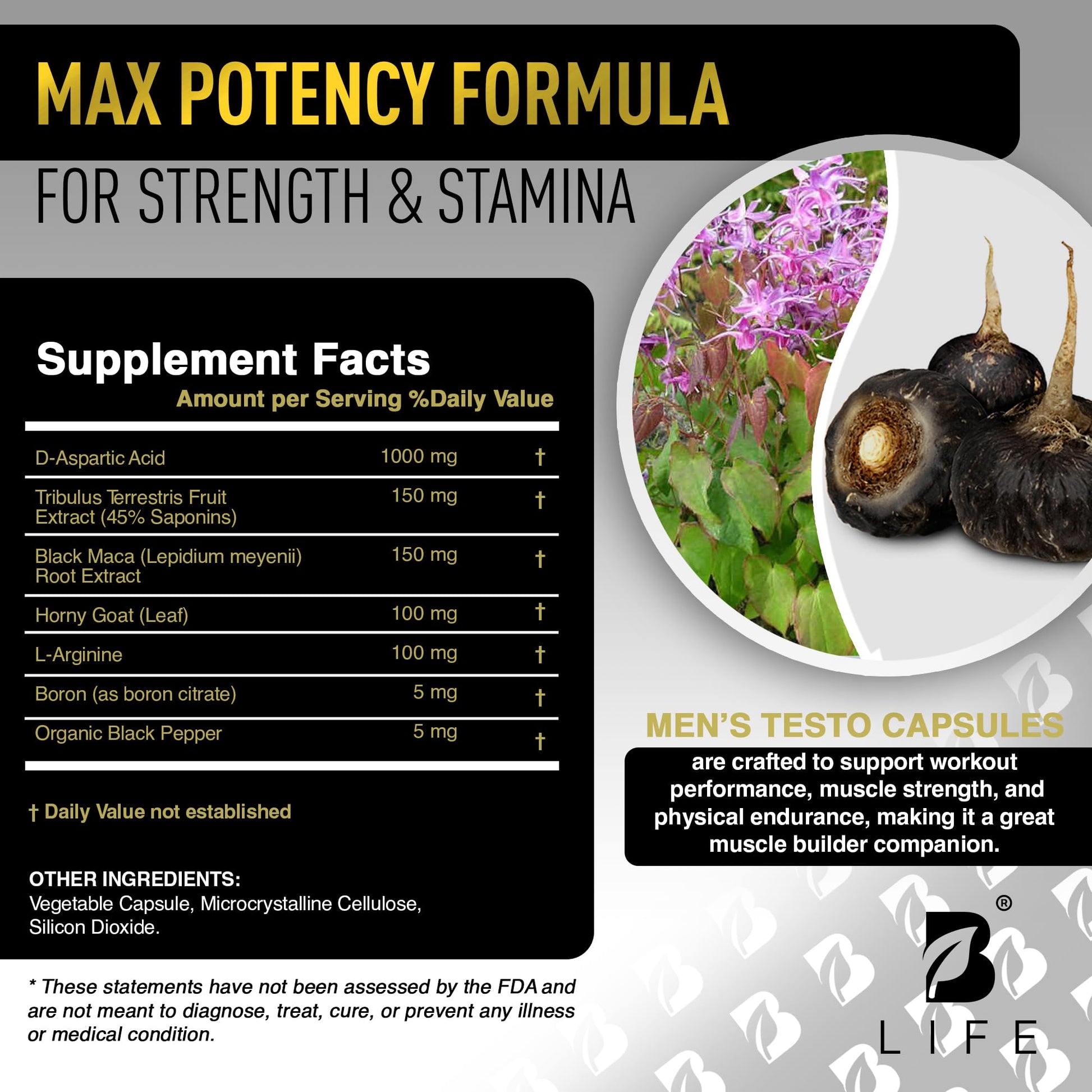 Testosterone Booster Supplement for Men | Boron supplement for men with Tribulus Terrestris, Black Maca, Horny Goat Weed, L-Arginine | Stamina, Endurance, Muscle growth & strength | 80 Servings B Life CompanyAu supplements