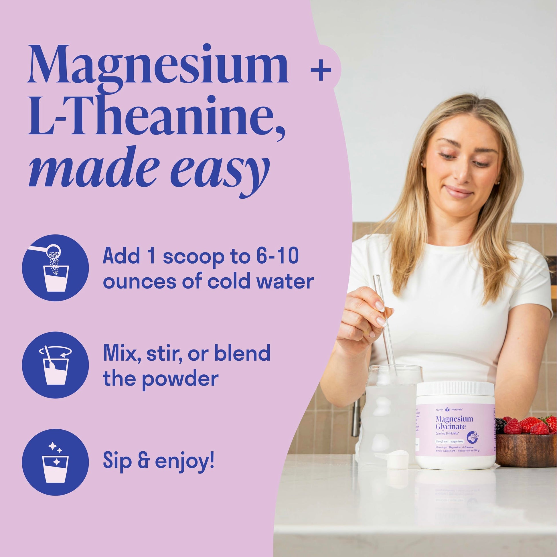 Magnesium Glycinate Powder + L-Theanine | 60 Servings | 300 mg per Scoop High Absorption Chelated Magnesium Powder for Sleep - Natural Mixed Berry Flavor, No Sugar, Support Restful Sleep & Relaxation Nuven NaturalsAu supplements