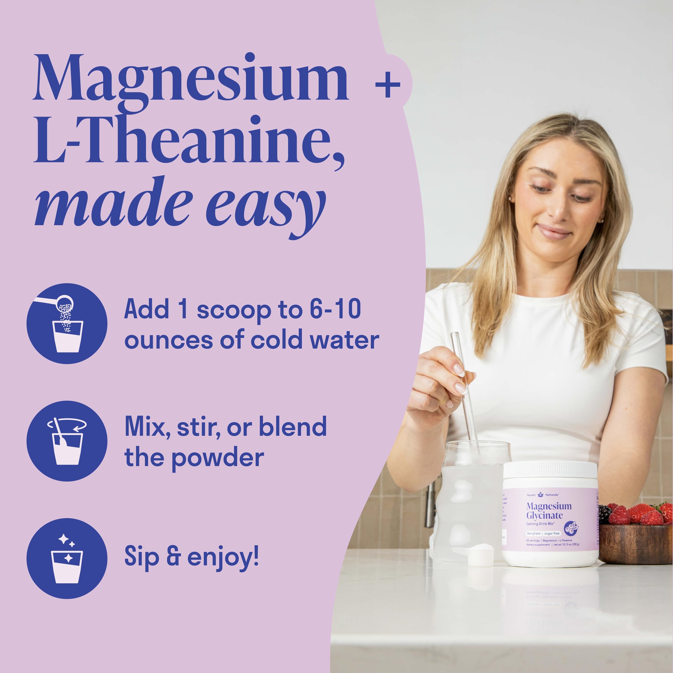 Magnesium Glycinate Powder + L-Theanine | 60 Servings | 300 mg per Scoop High Absorption Chelated Magnesium Powder for Sleep - Natural Mixed Berry Flavor, No Sugar, Support Restful Sleep & Relaxation Nuven NaturalsAu supplements