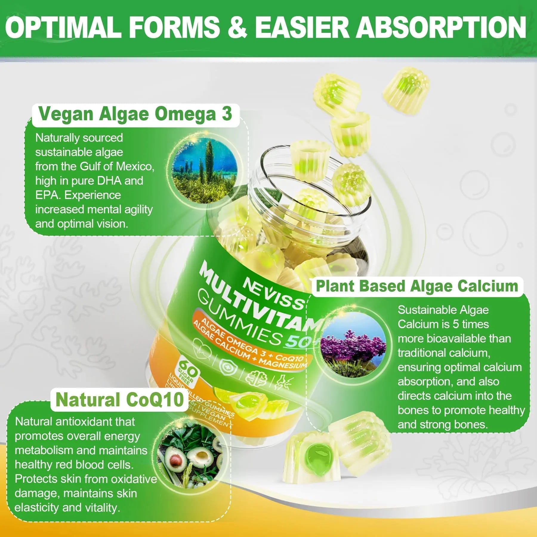 NEVISS 50+ Daily Gummy Multivitamin Algae Omega 3 & Calcium, CoQ10, Magnesium + Vitamin D3 5000IU Gummies 125mcg with Calcium 600mg, K2(MK7) 200mcg NEVISSAu supplements