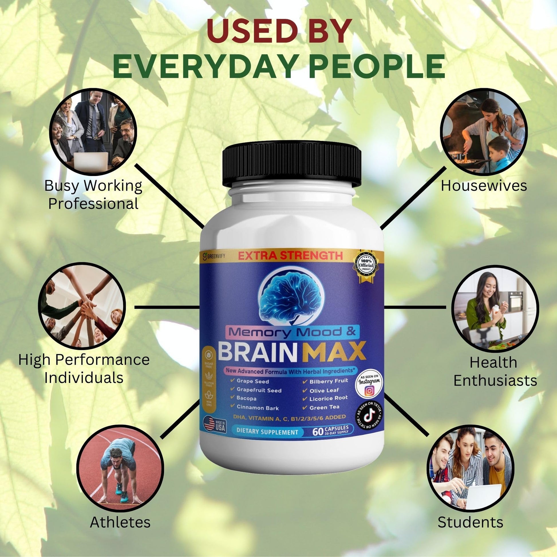 Memory, Mood & Brain Max Extra Strength Supplement with Herbal Ingredients, 60 Capsules, DHA, Vitamins, Bacopa, Green Tea (1) GREENVIFYAu supplements