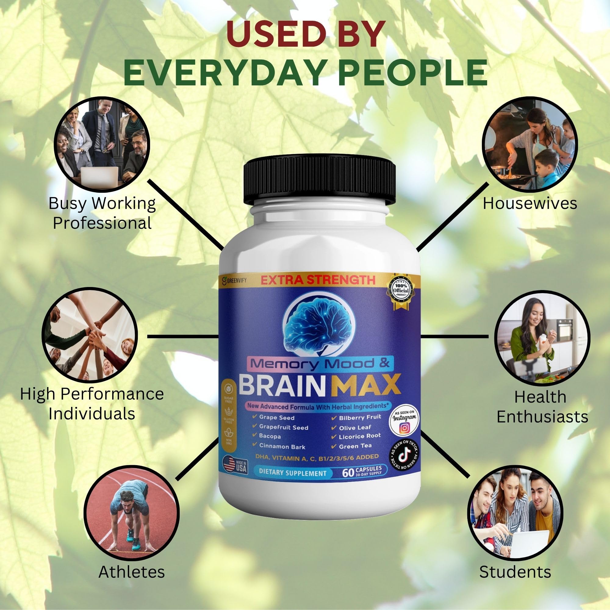 Memory, Mood & Brain Max Extra Strength Supplement with Herbal Ingredients, 60 Capsules, DHA, Vitamins, Bacopa, Green Tea (1) GREENVIFYAu supplements