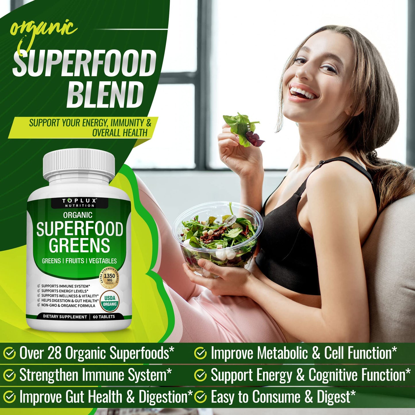 Organic Super Greens Capsules Superfood Fruit Veggie Supplement - 28 Powerful Natural TopluxUS supplements