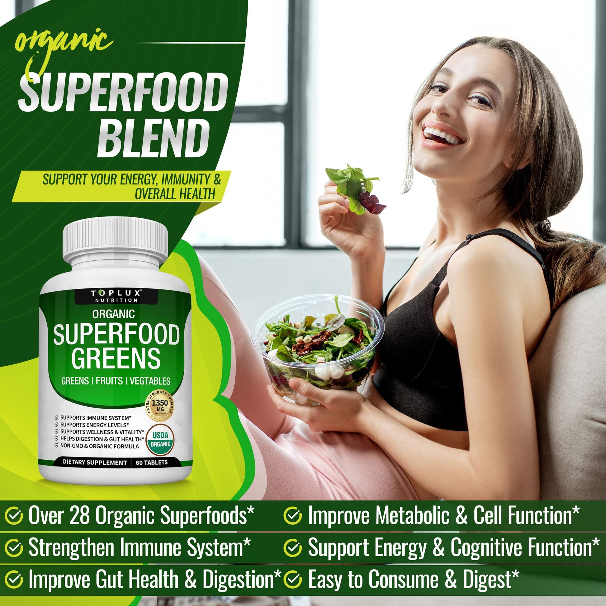 Organic Super Greens Capsules Superfood Fruit Veggie Supplement - 28 Powerful Natural TopluxUS supplements