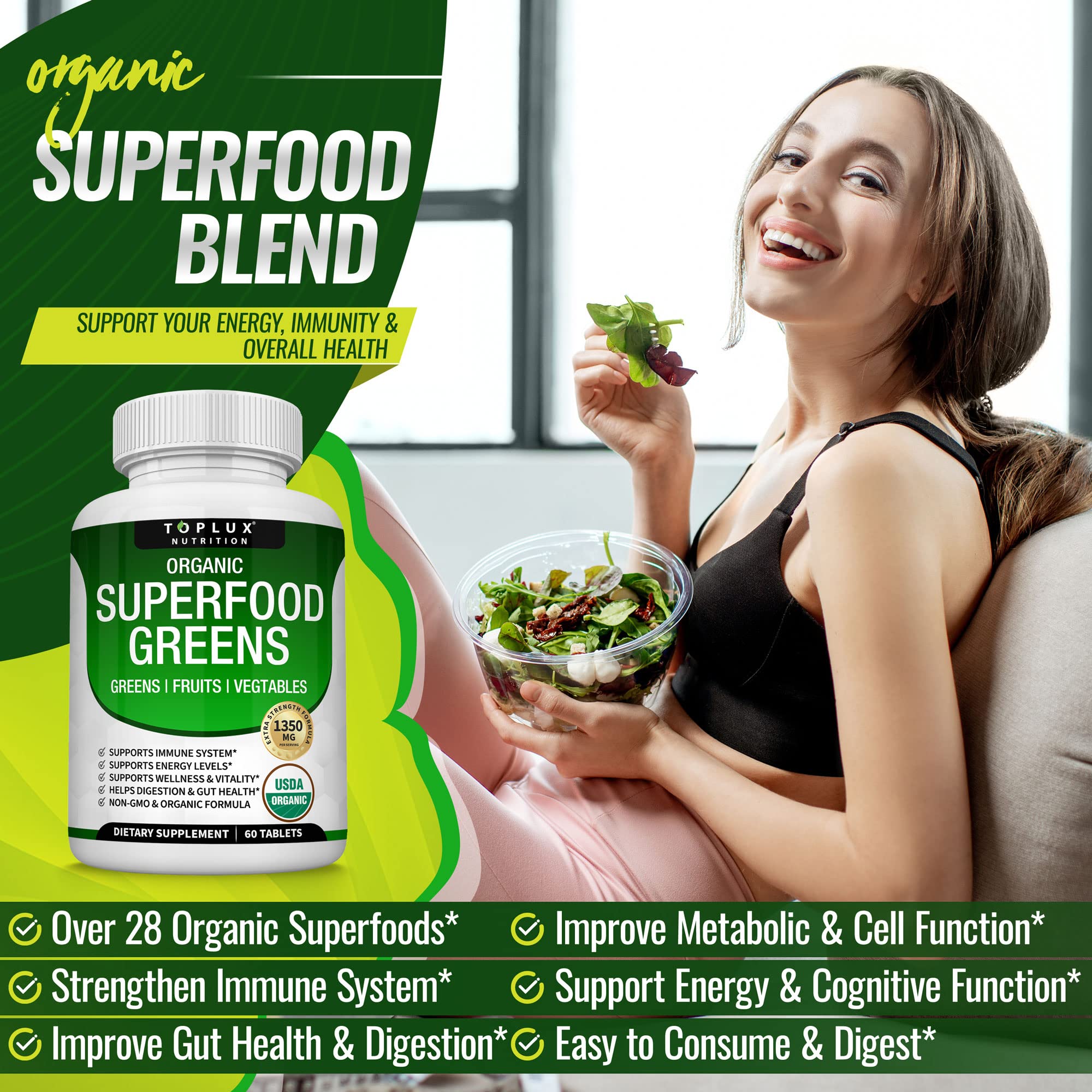 Organic Super Greens Capsules Superfood Fruit Veggie Supplement - 28 Powerful Natural TopluxUS supplements