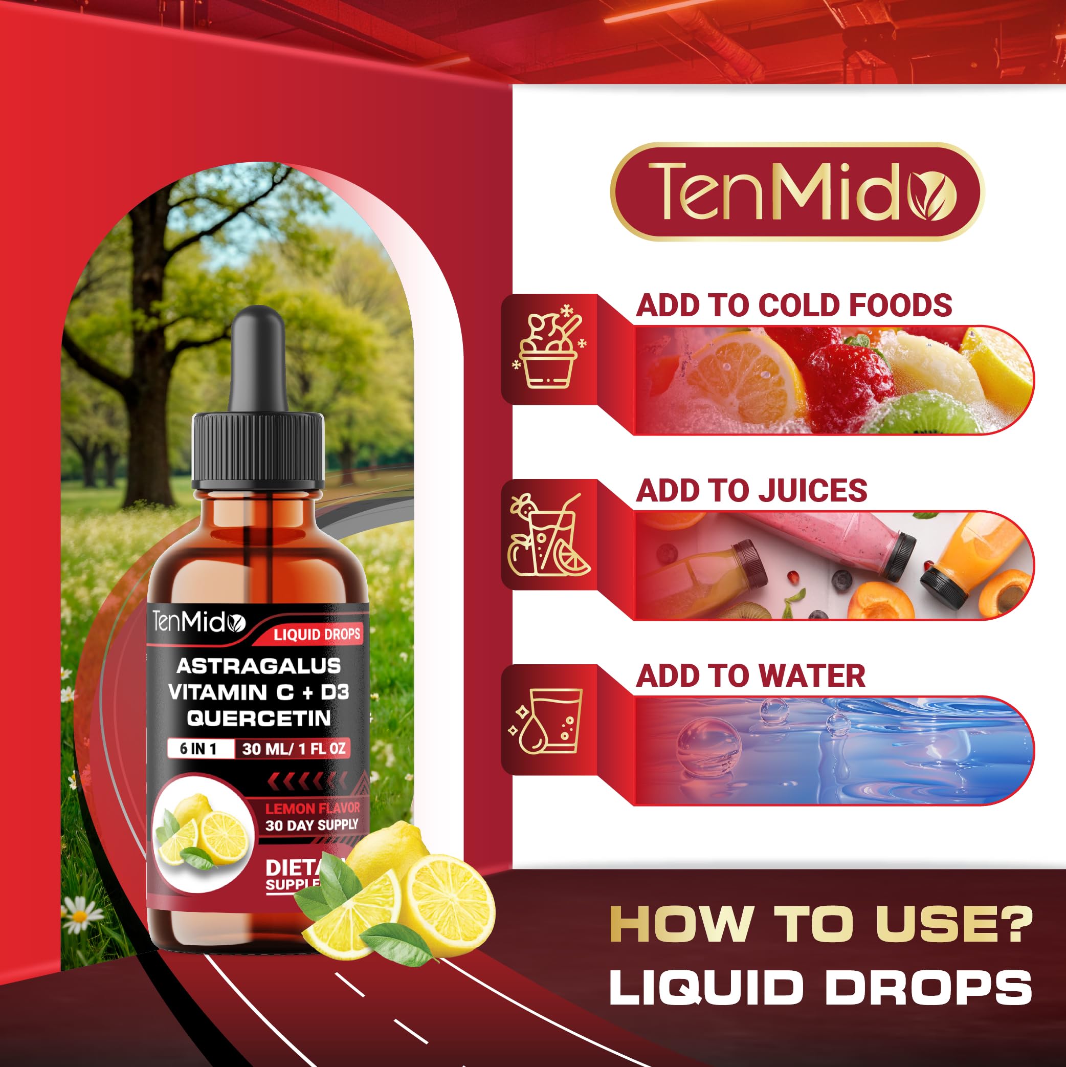 Tenmido 6-in-1 Astragalus Root Tincture - Herbal Extract Supplements with Quercetin, Rhodiola Rosea, Vitamin D3, Vitamin C, and Zinc - Vegan, Non-GMO - 30ml 1 Fl Oz TenmidoAu supplements