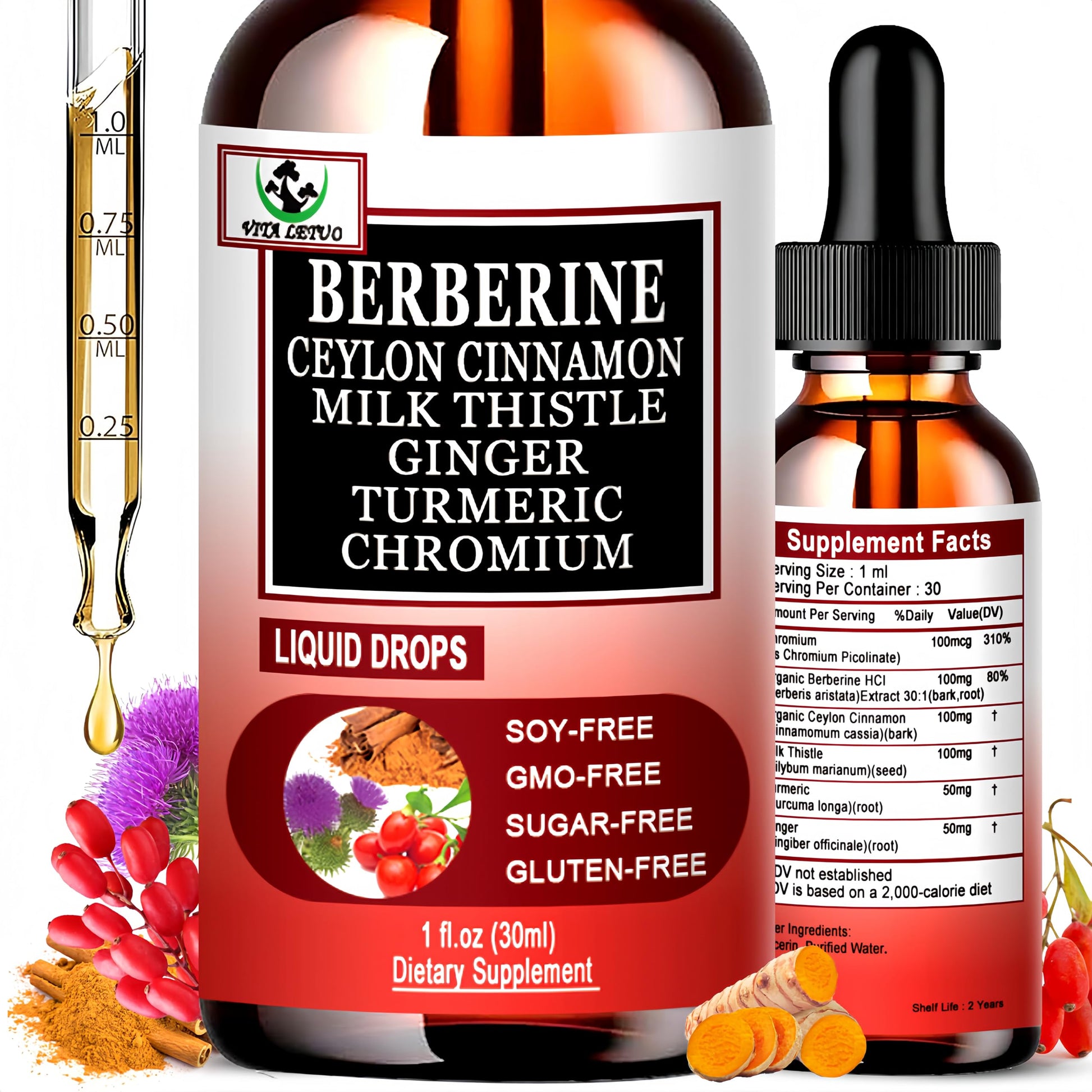 Berberine Drops, High Absorption 6-in-1 Liquid Berberine Supplement with Ceylon Cinnamon Milk Thistle Turmeric, Premium Berberine HCl for Immune Function Metabolic & Digestive Support, 30 Servings Vita letuoAu supplements