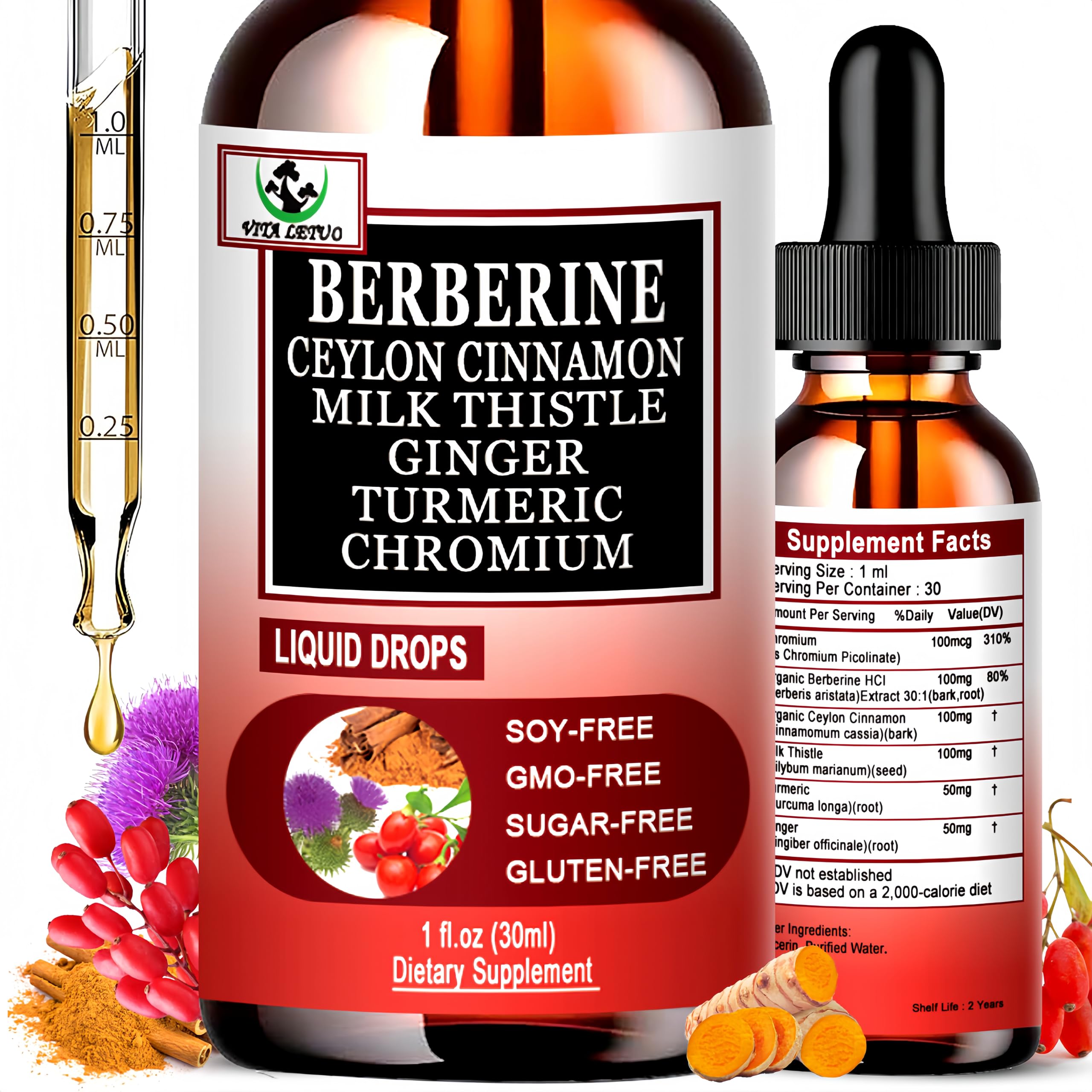 Berberine Drops, High Absorption 6-in-1 Liquid Berberine Supplement with Ceylon Cinnamon Milk Thistle Turmeric, Premium Berberine HCl for Immune Function Metabolic & Digestive Support, 30 Servings Vita letuoAu supplements