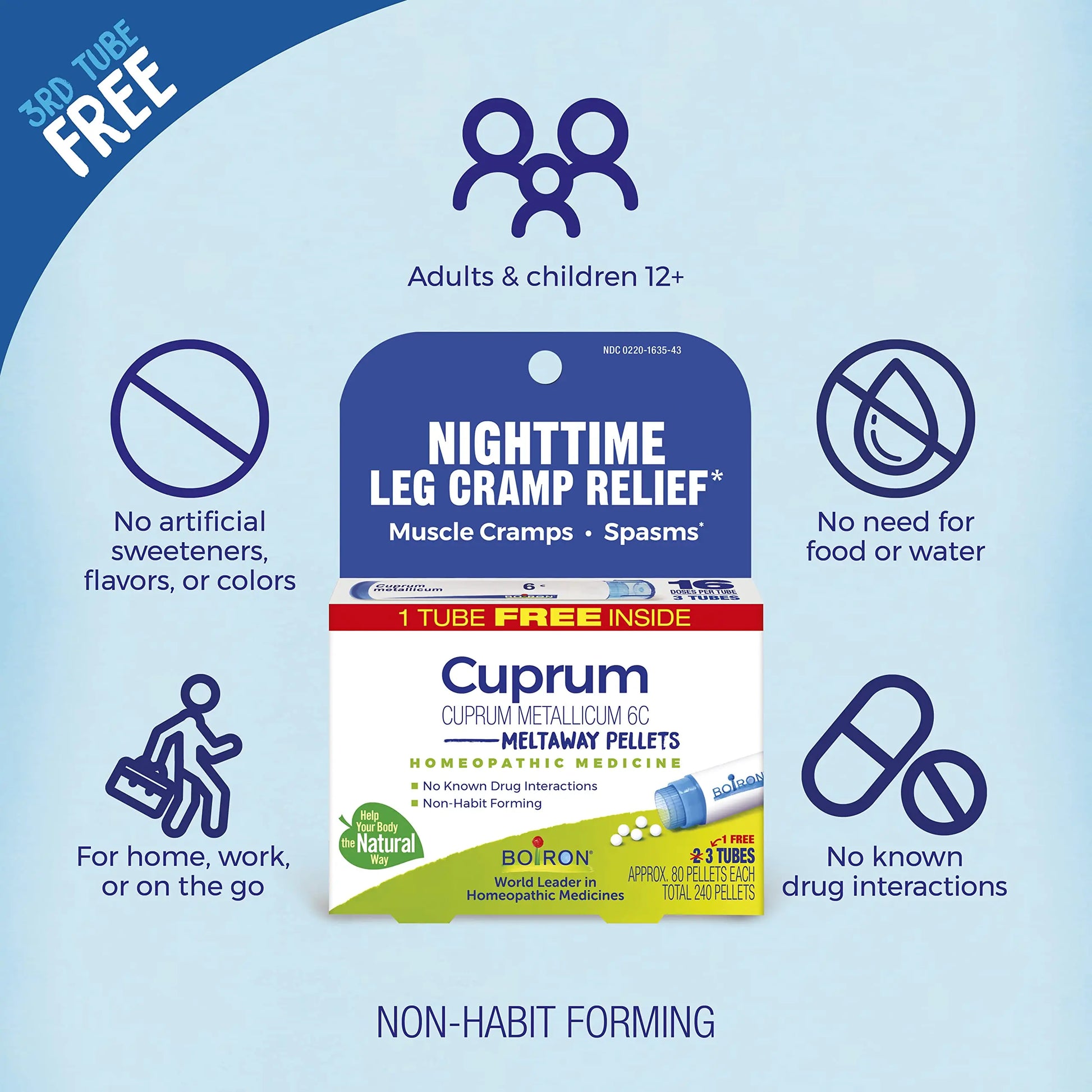 Boiron Cuprum Metallicum 6C Homeopathic Medicine for Nighttime Leg Cramp Relief, Muscle Cramps, and Spasms - 3 Count (240 Pellets) BoironAu supplements