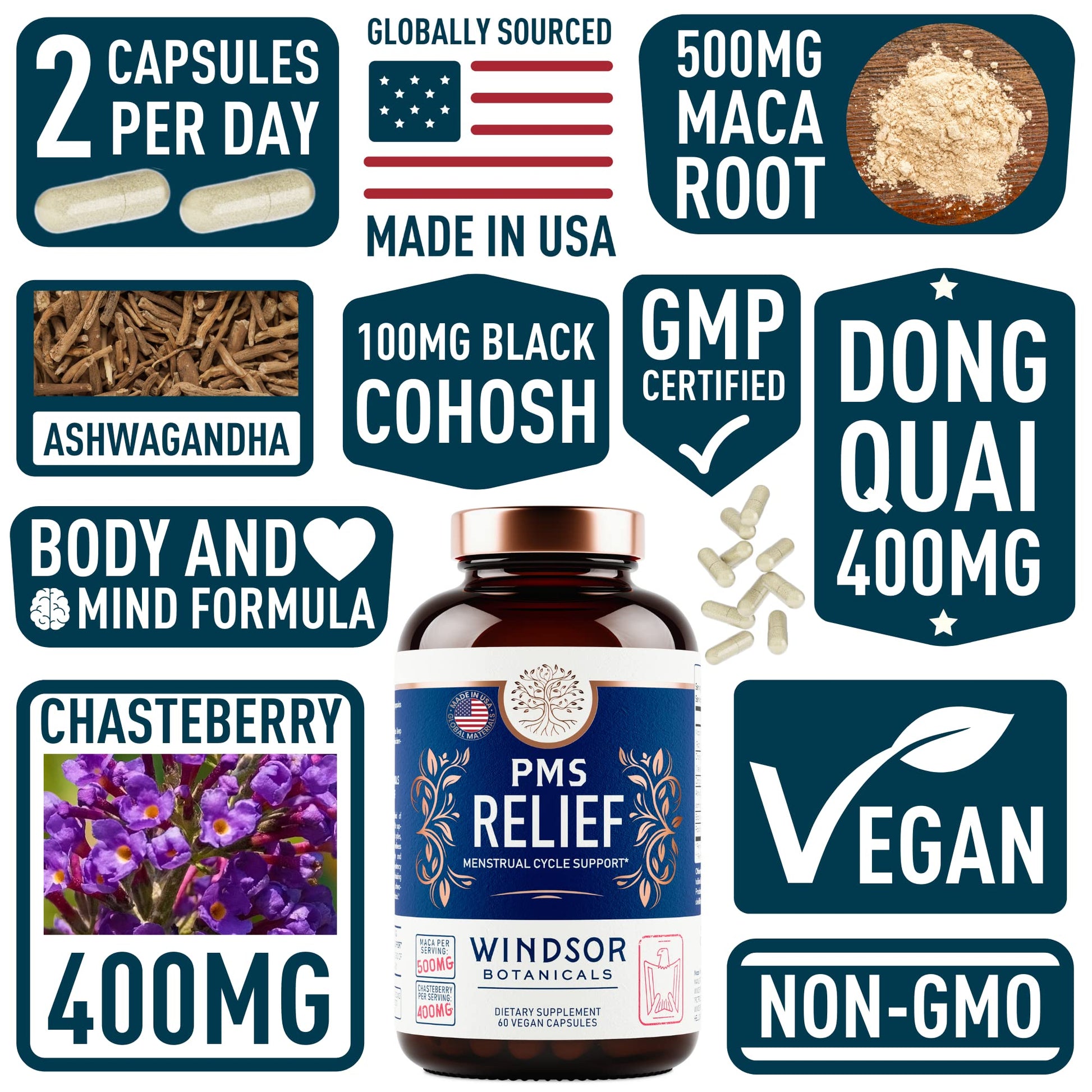 PMS Support Supplement for Women with Chasteberry, Maca Root, Ashwagandha - Period Relief, Bloating Relief for Women, Mood Support, Hormone Balance Herbal Supplements - 30 Day, 60 Vegan Capsules WINDSOR BOTANICALSAu supplements