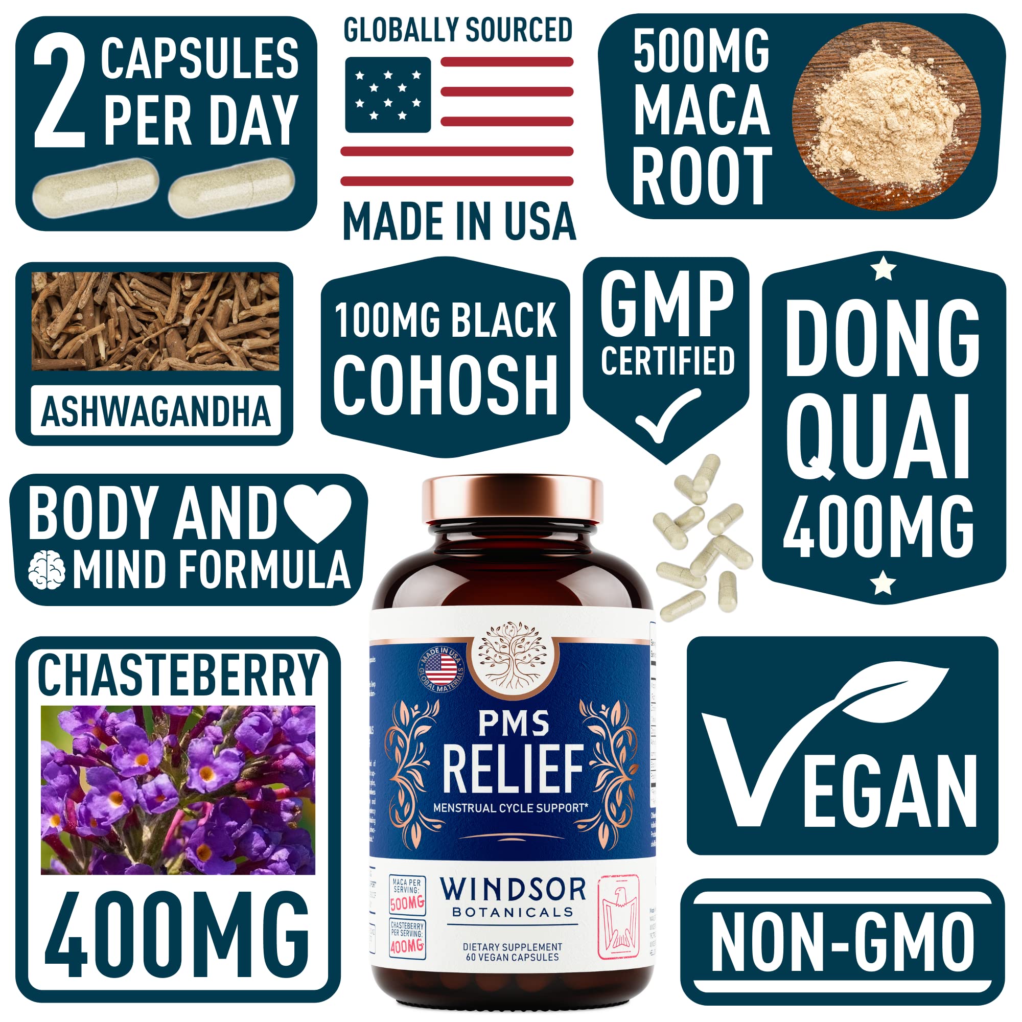 PMS Support Supplement for Women with Chasteberry, Maca Root, Ashwagandha - Period Relief, Bloating Relief for Women, Mood Support, Hormone Balance Herbal Supplements - 30 Day, 60 Vegan Capsules WINDSOR BOTANICALSAu supplements