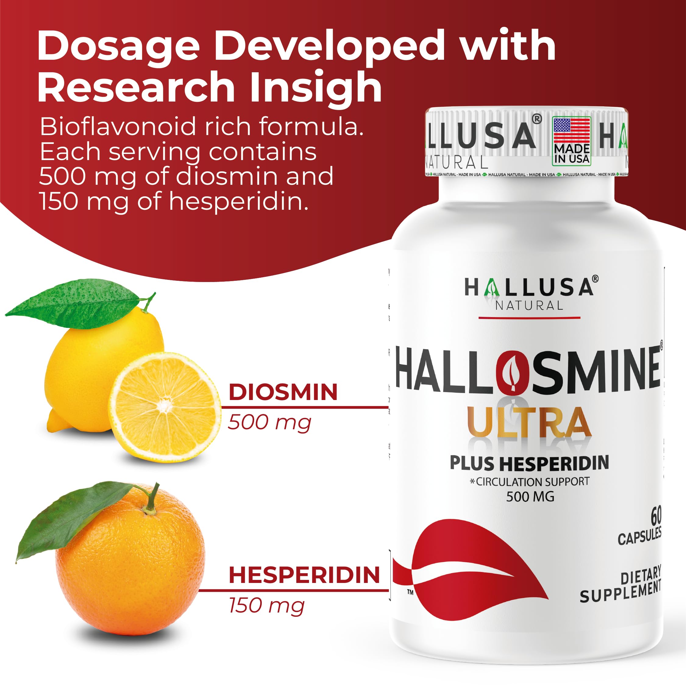 Hallusa Natural Hallosmine Ultra Diosmin 500mg & Hesperidin 150mg – Heavy Legs, Swelling & Vein - Blood Circulation Supplements, 60 Caps Hallusa NaturalAu supplements