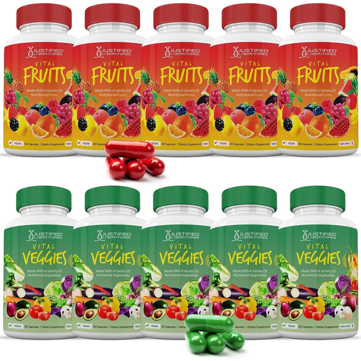 (10 Pack) Vital Fruits and Veggies Supplement Whole Food Red & Green Superfoods Non GMO Vegan Friendly 900 Veggie Capsules 10 Bottles Justified LaboratoriesAu supplements