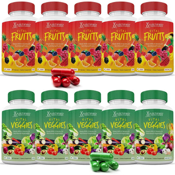 (10 Pack) Vital Fruits and Veggies Supplement Whole Food Red & Green Superfoods Non GMO Vegan Friendly 900 Veggie Capsules 10 Bottles Justified LaboratoriesAu supplements