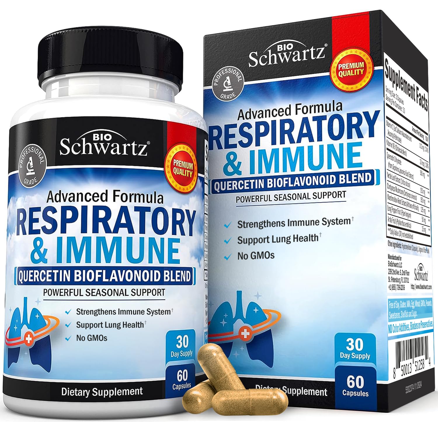 Respiratory & Immune Lung Support Supplement with Quercetin, Vitamin D & Cordyceps, Helps Soothe Respiratory Tissues While Loosening Mucus, Lung Health Vitamins for Women & Men, 60 Capsules BioSchwartzAu supplements