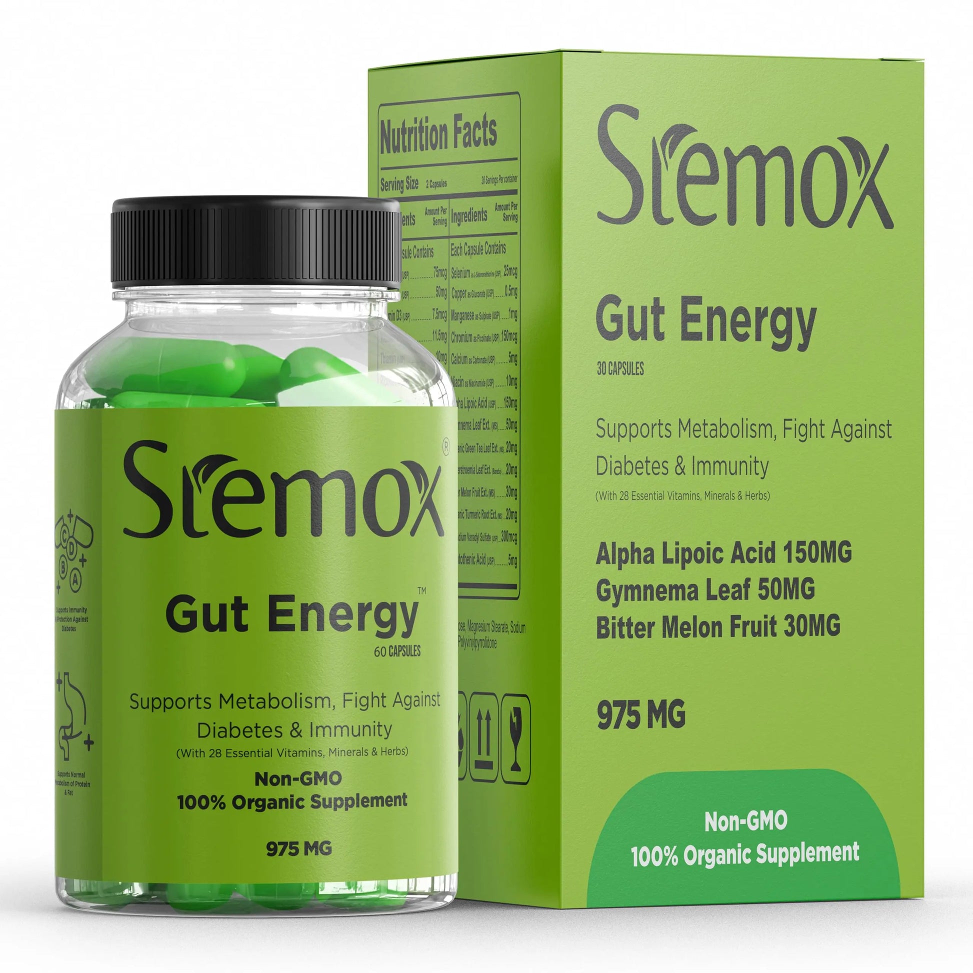 Stemox Gut Energy – Natural Energy & Metabolism Support Supplement with Biotin, Chromium, Alpha Lipoic Acid & Organic Herbal Extracts – Blood Sugar & Gut Health Support – 60 Vegan Capsules Stemoxnz supplements