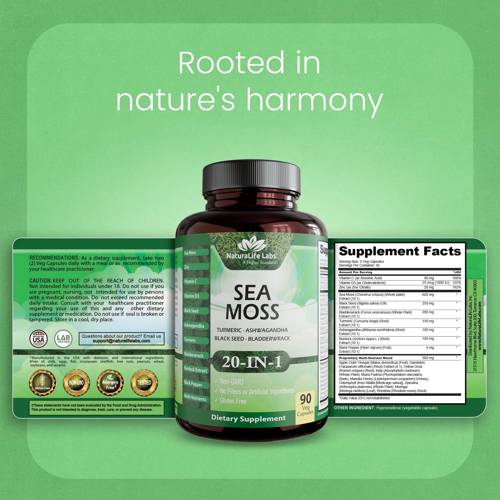 Sea Moss, Black Seed Oil, Bladderwrack, Turmeric, Ashwagandha, Burdock, Vitamin C, D3, Yellow Dock Root, Manuka, Dandelion - 90 Veggie caps NaturaLife LabsAu supplements