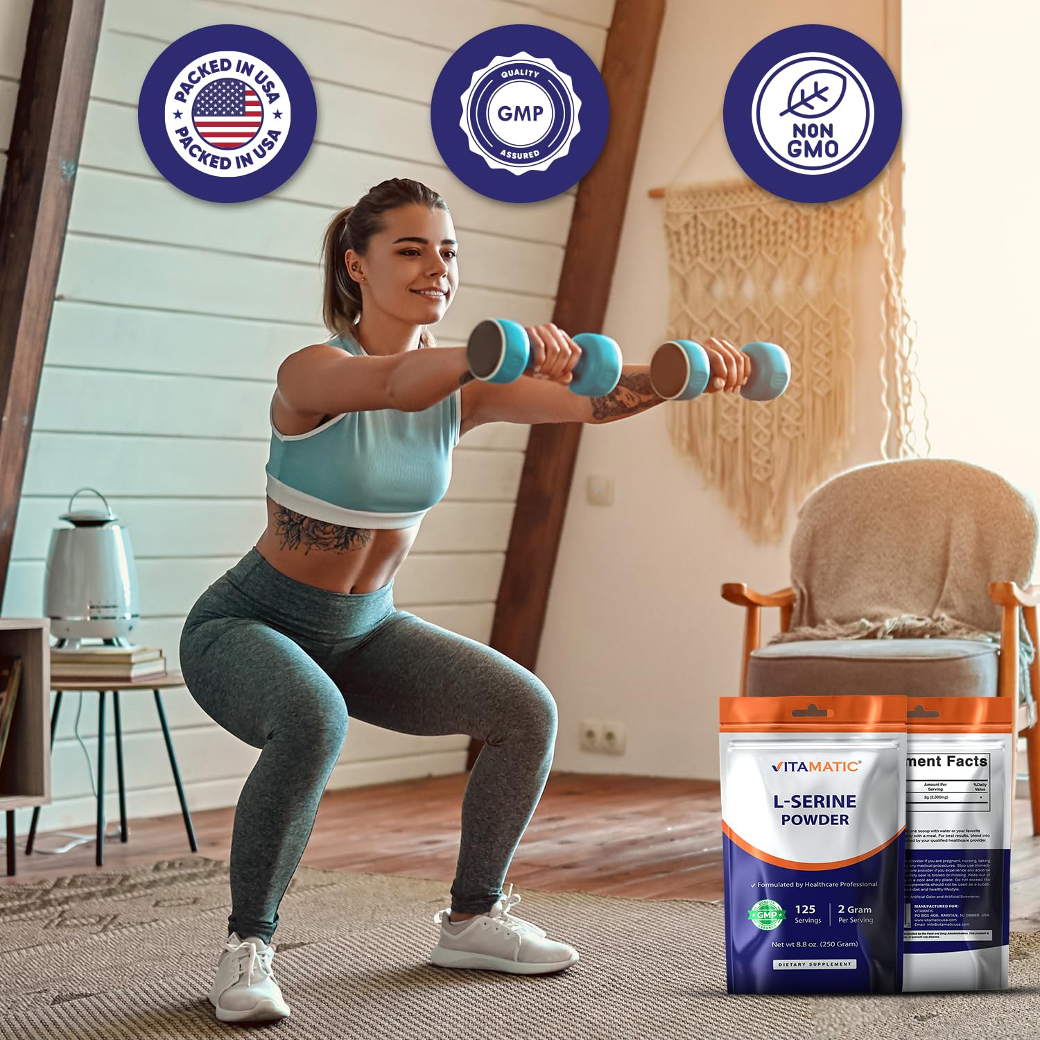 Vitamatic L-Serine Pure Powder 250 Gram | 2000 mg per Serving | 125 Servings | Unflavored | No Additives | Free of Soy, Eggs, Fish & Artificial Ingredients VitamaticAu supplements