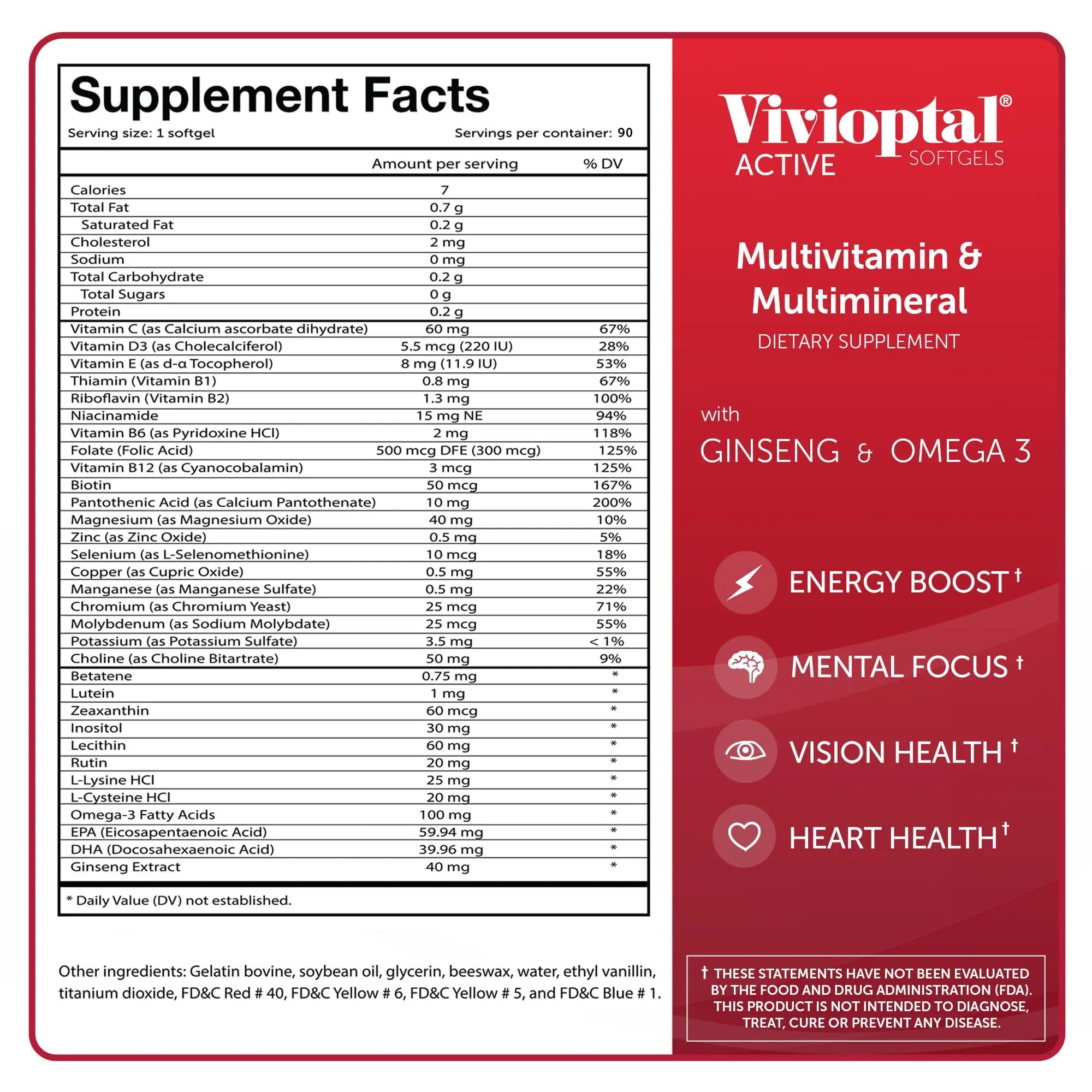 Vivioptal Active, 90 Softgels (1 Year Supply), Ginseng & Omega 3, Multivitamin & Multimineral, Gluten Free, German Formula Vivioptal VitaminsAu supplements