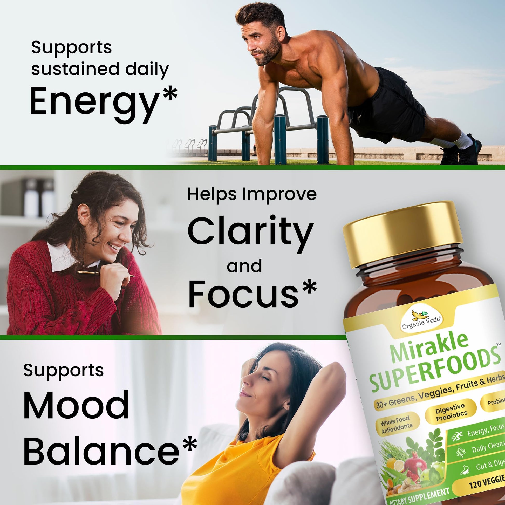 Organic Veda Mirakle Superfoods Greens Capsules - 30+ Daily Greens and Veggies Supplement with Moringa, Spirulina, Chlorella, Turmeric & Herbs, Antioxidants, Resveratrol, Probiotics - 120 Capsule Organic VedaAu supplements