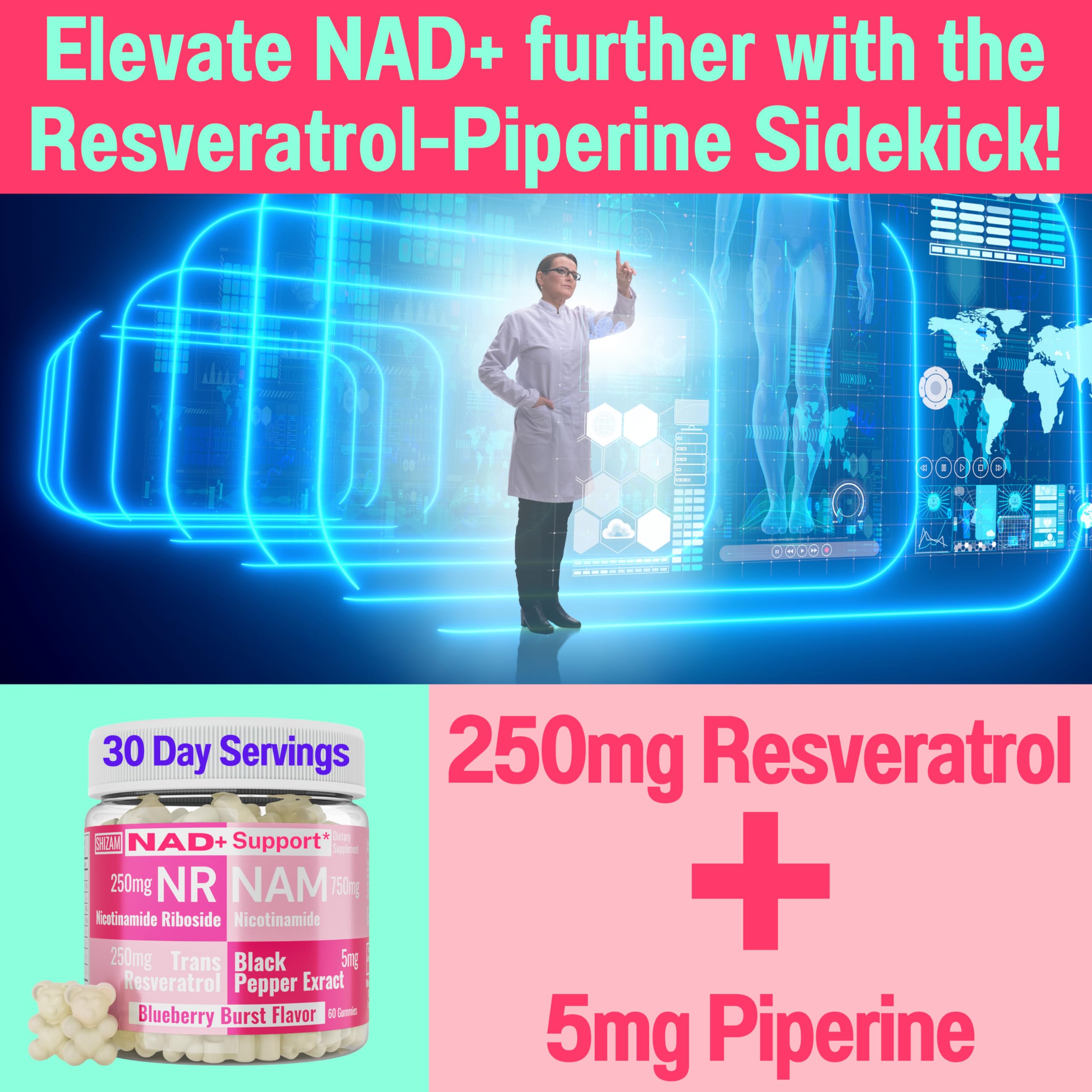 SHIZAM Nicotinamide Riboside NR NAM Resveratrol Gummies, 1000mg NAD+ NAD + Plus Nrf2 Activator Booster w Pure Niacinamide Vitamins B3 Capsules Pills Powder Supplements Alt NDA Regenerator 500mg SHIZAMAu supplements